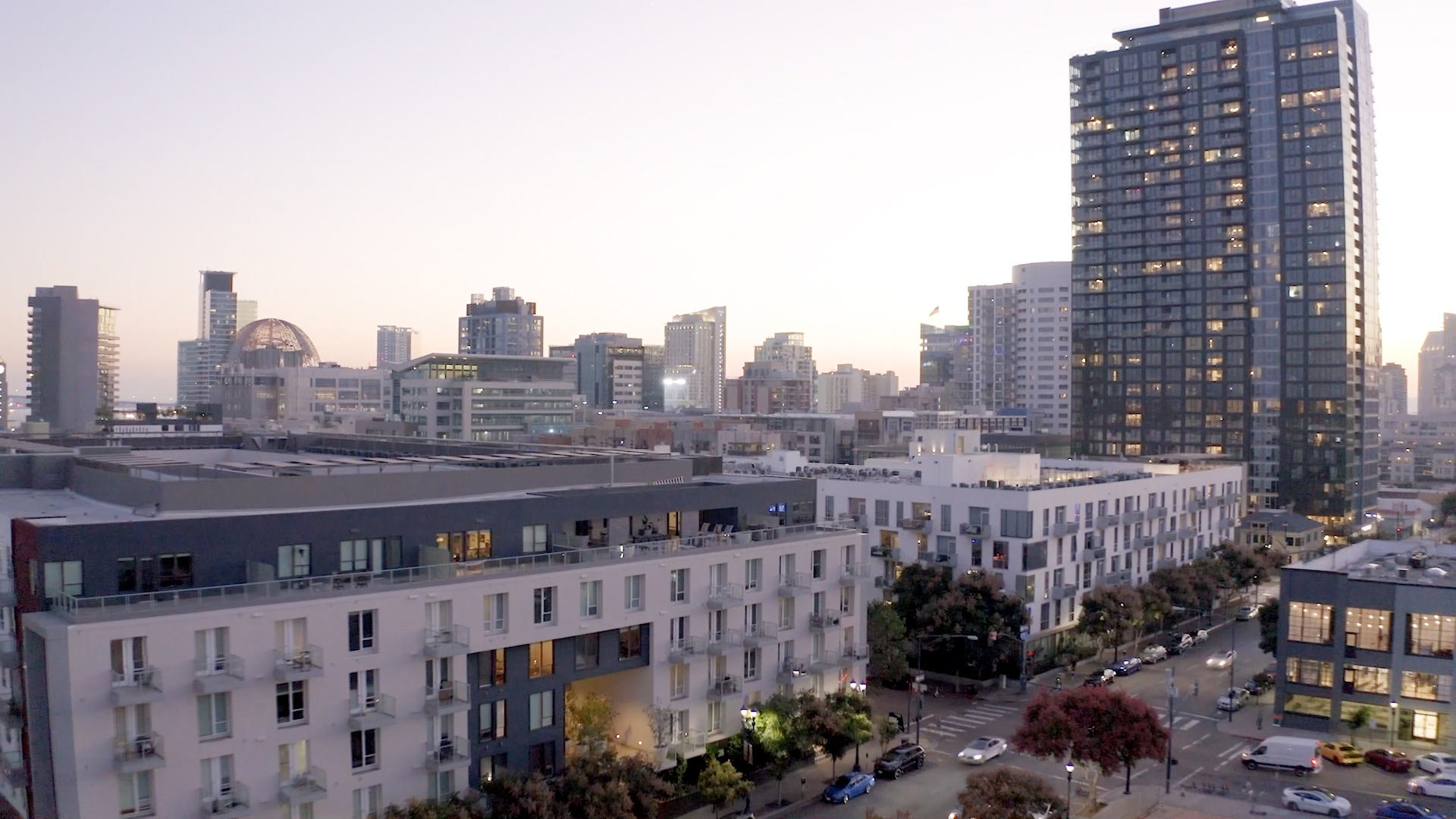 13th And Market drone building exterior at sunset