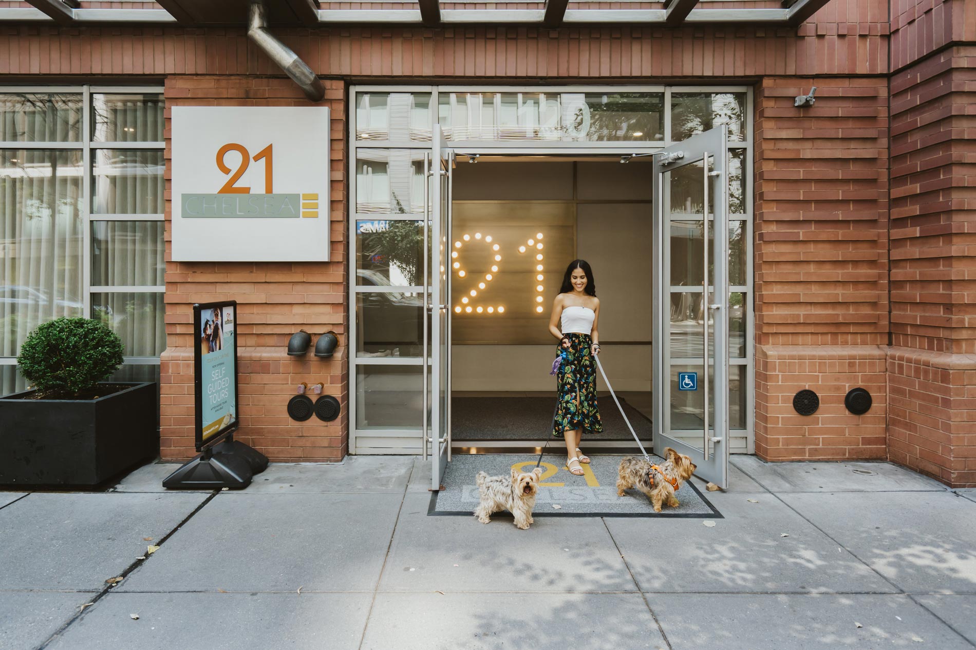 21 Chelsea woman walks through lobby with dogs