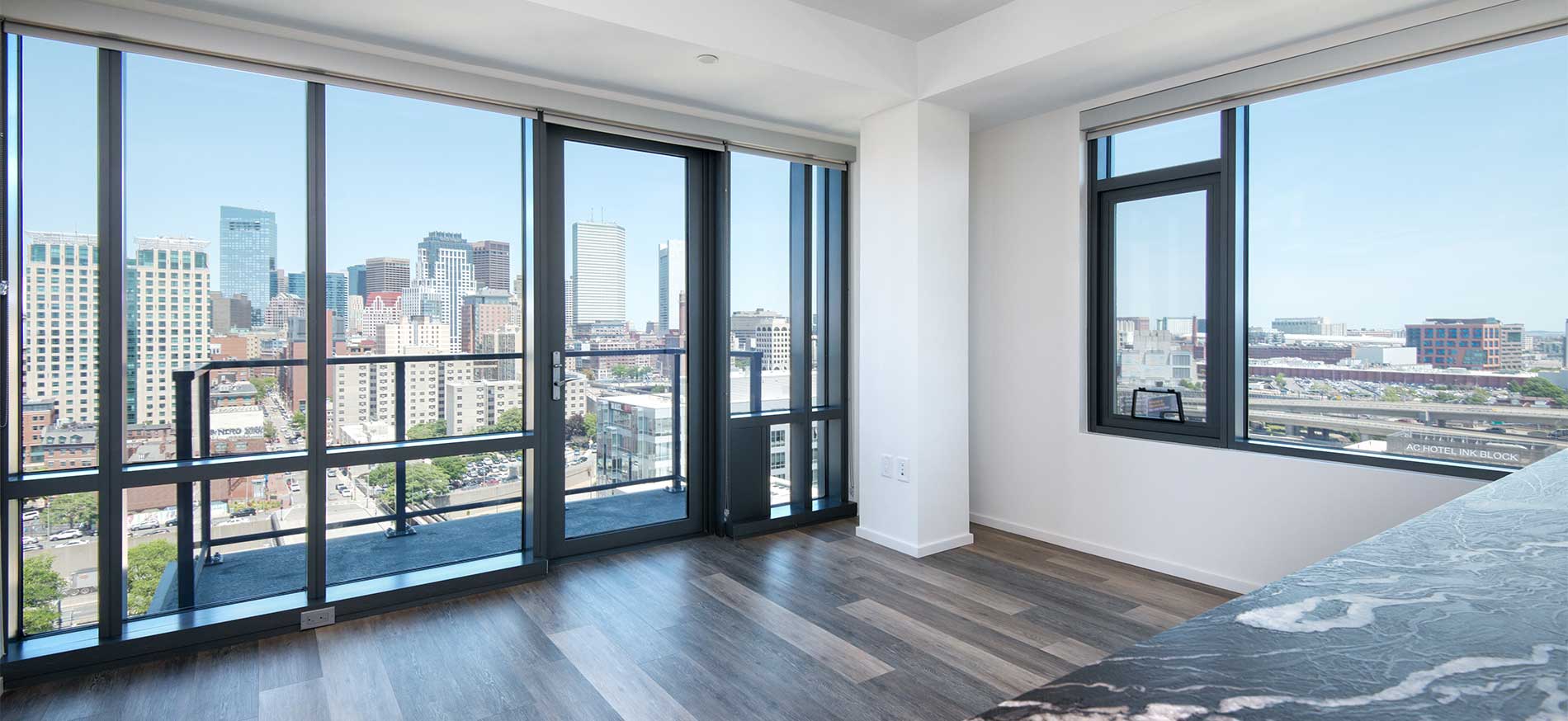 345 Harrison penthouse living room and city view