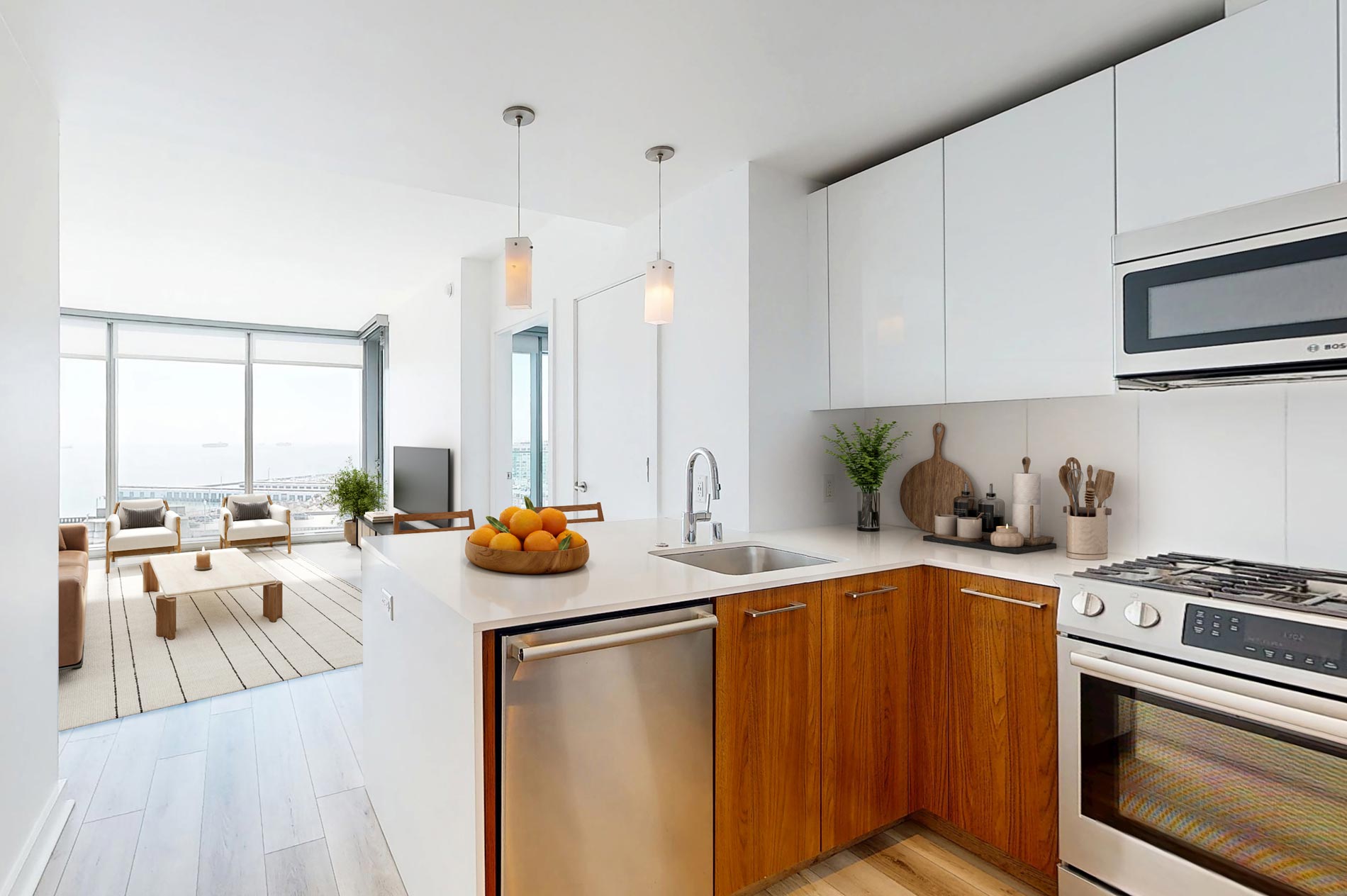 399 Fremont staged kitchen and living room