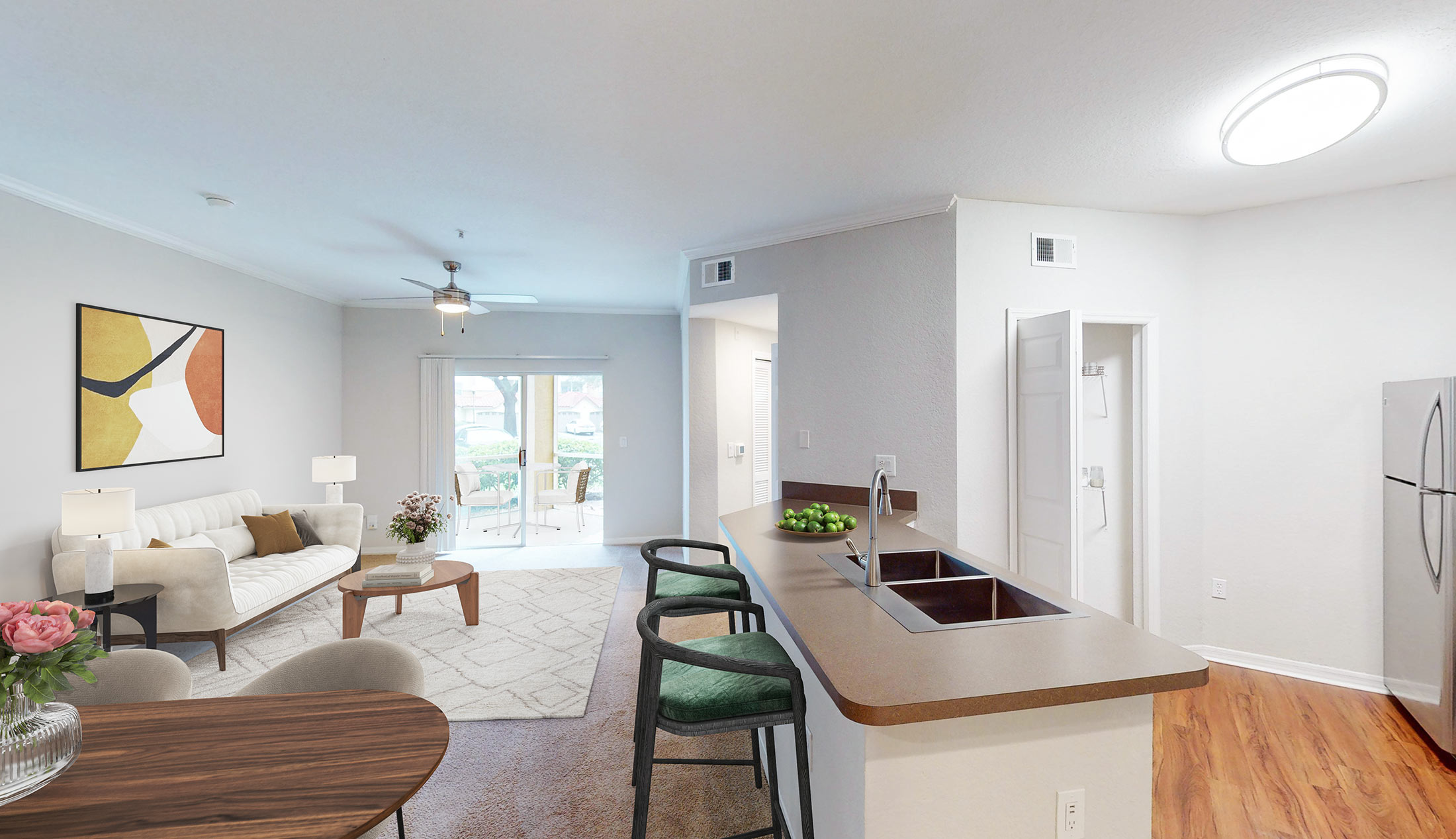 Andover Place staged living room and kitchen