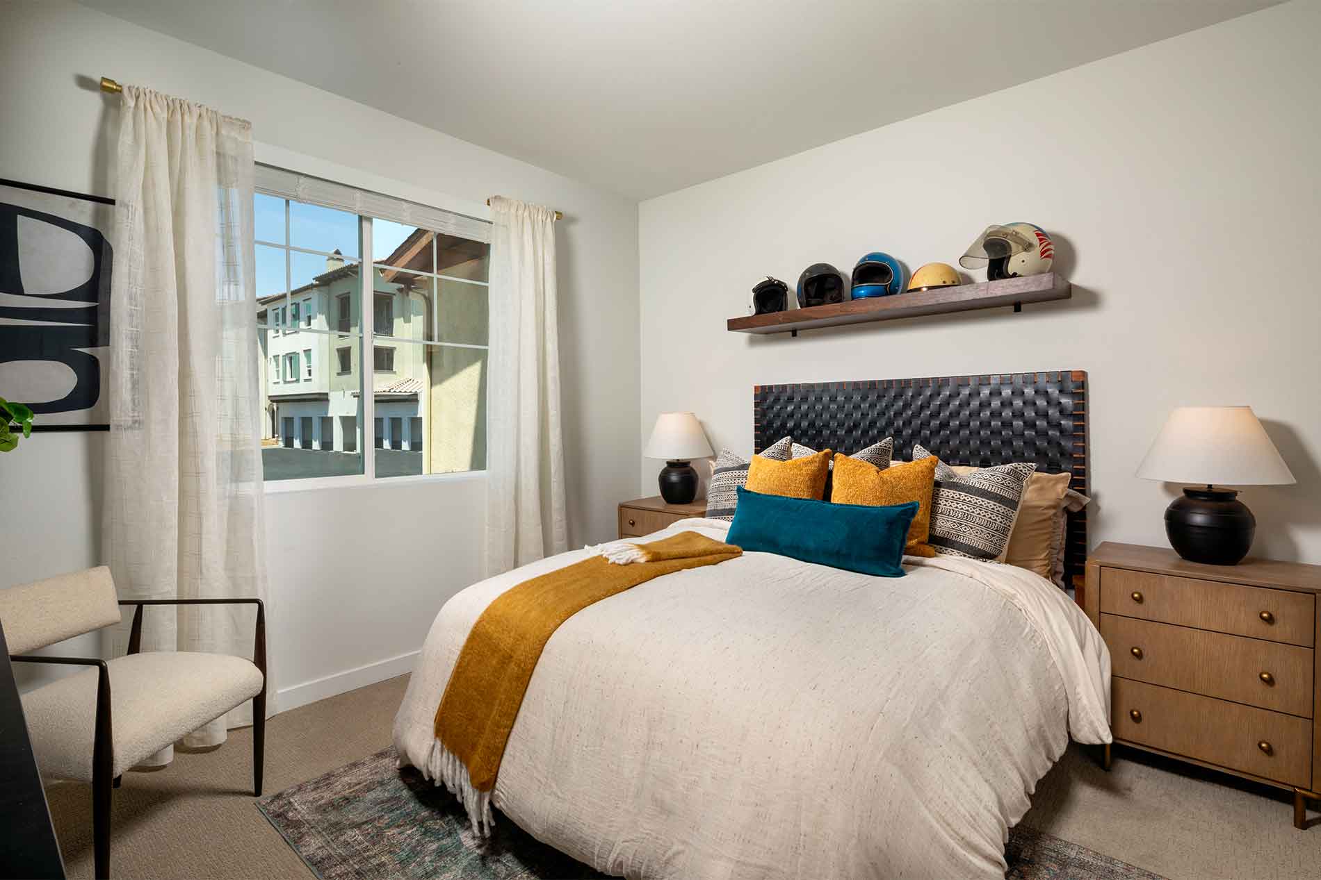 Modern bedroom at Avena apartments in Menifee, CA