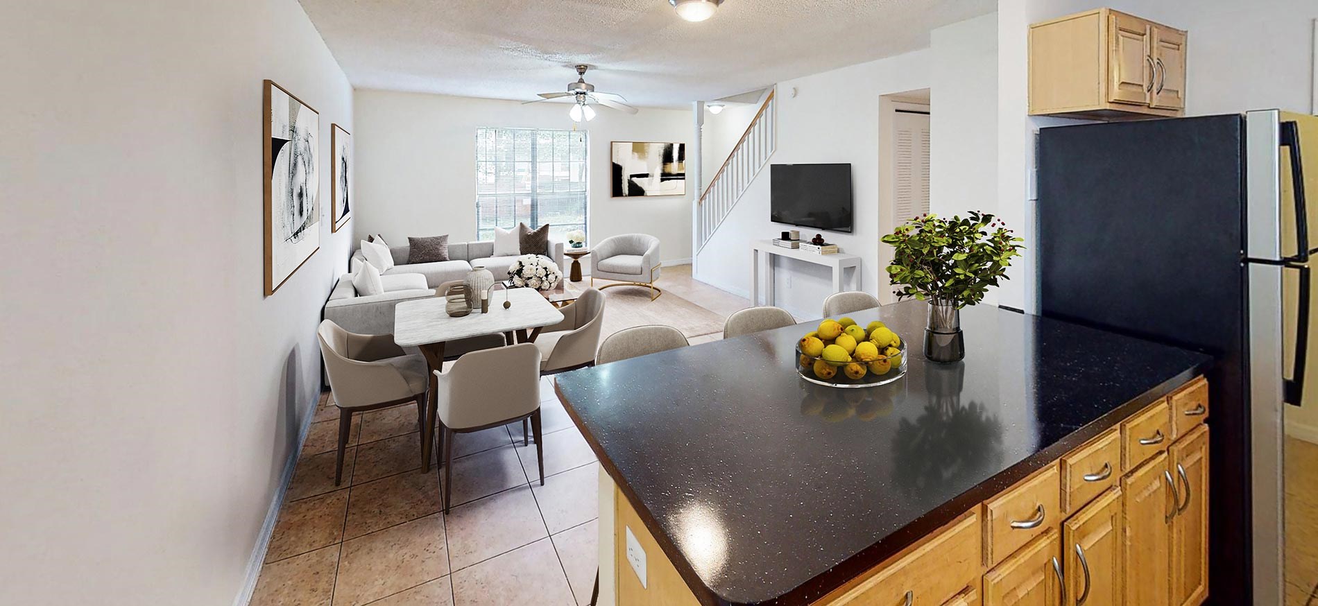 Cambridge Woods staged kitchen and living room
