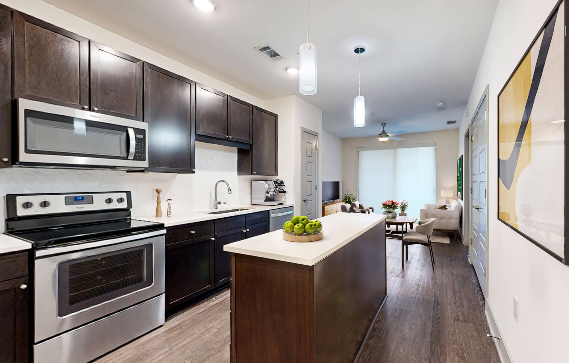 Central Square staged kitchen and living room