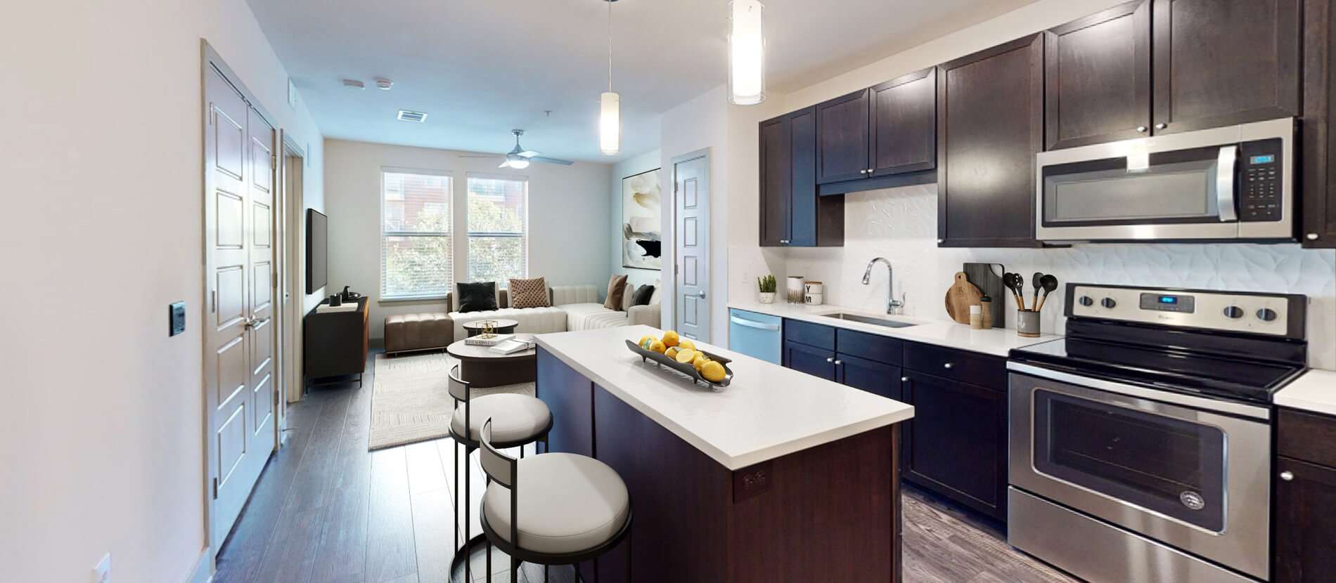 Central Square staged kitchen and living room