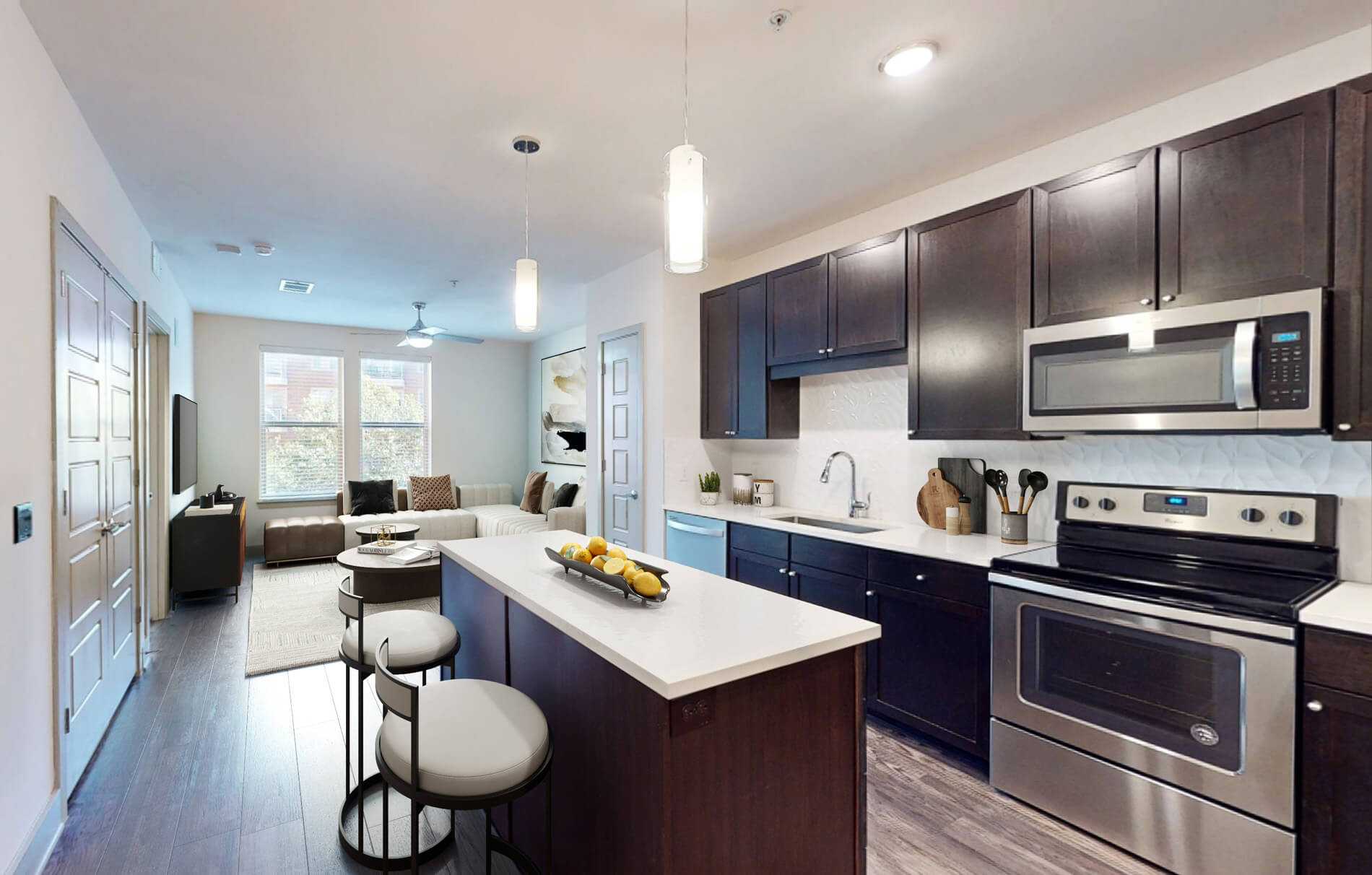 Central Square staged kitchen and living room