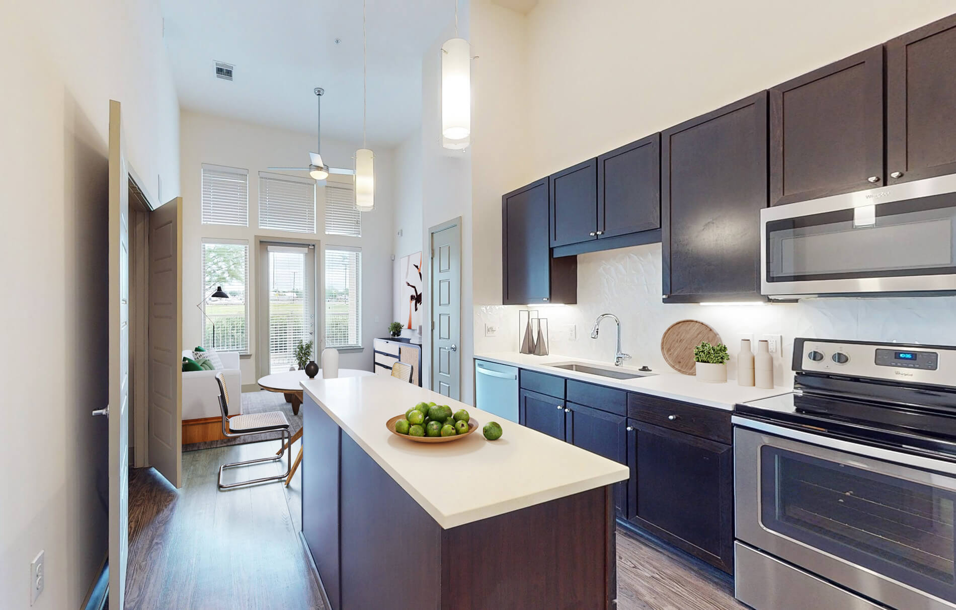 Central Square staged kitchen and living room