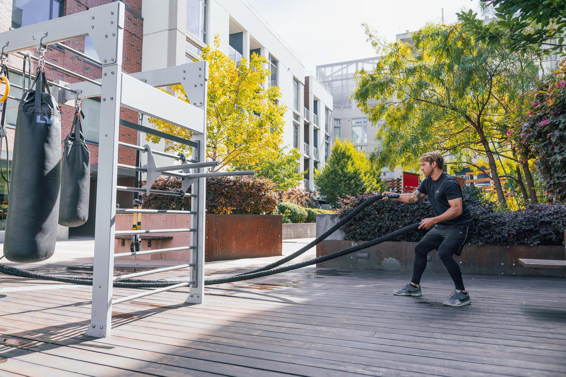 Channel Mission Bay man working out in fitness center