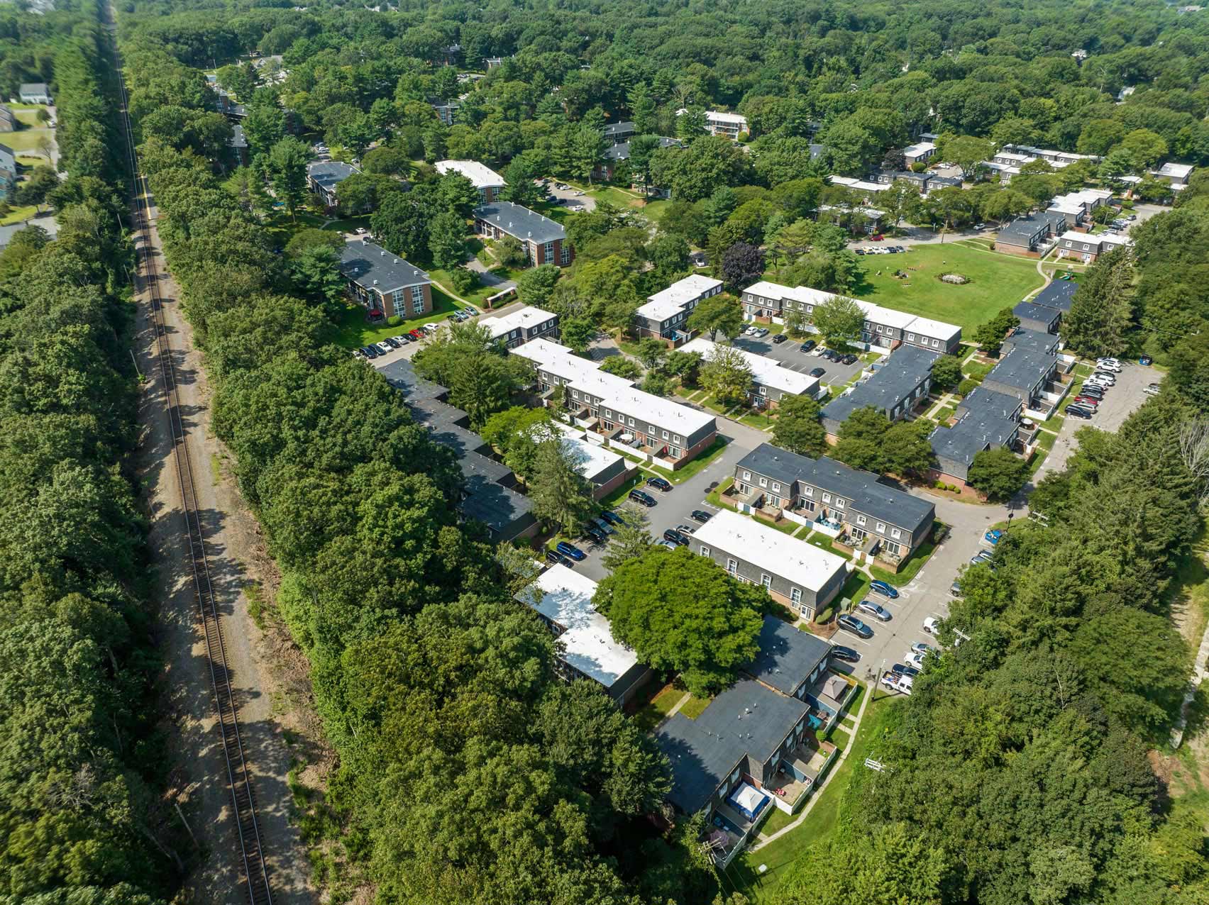 Commons at Windsor gardens drone building exterior