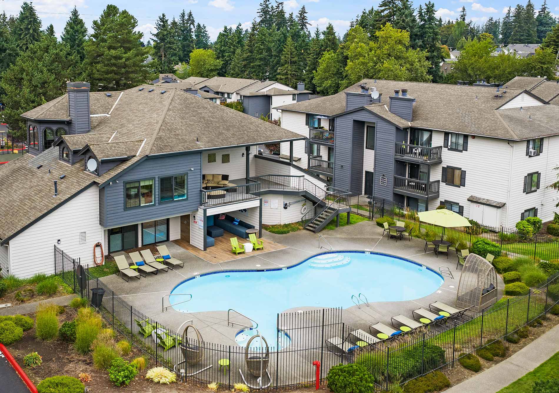 Aerial view of pool at Crown Pointe apartments in Renton Seattle 