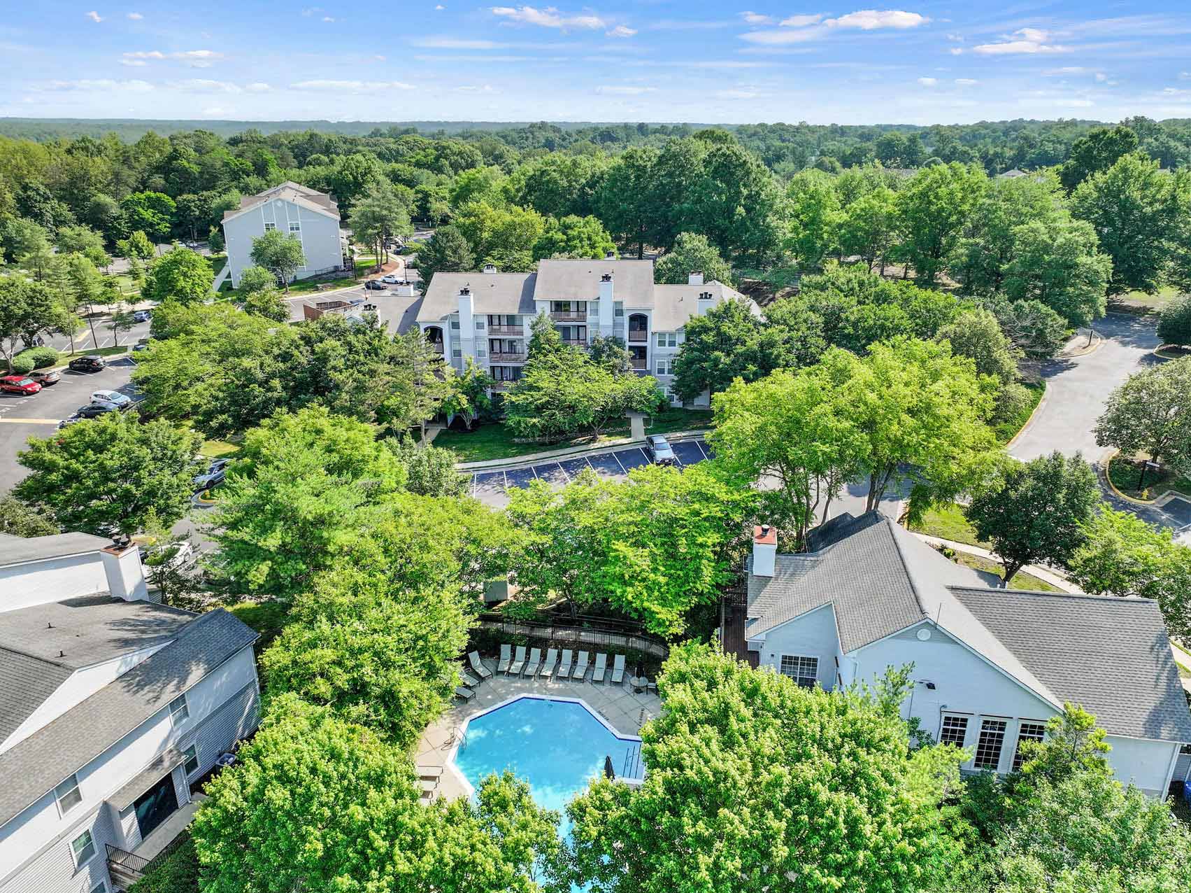 Dominion Middle Ridge aerial building exterior and pool
