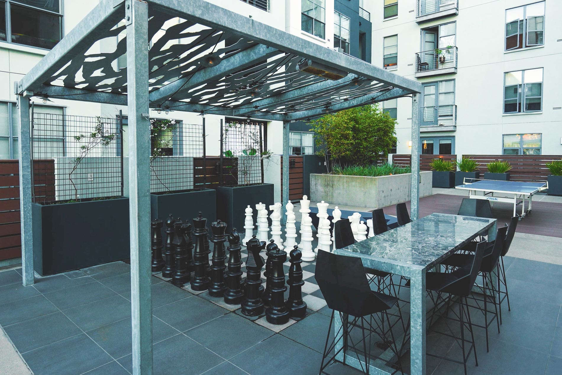 Edgewater courtyard and large chess