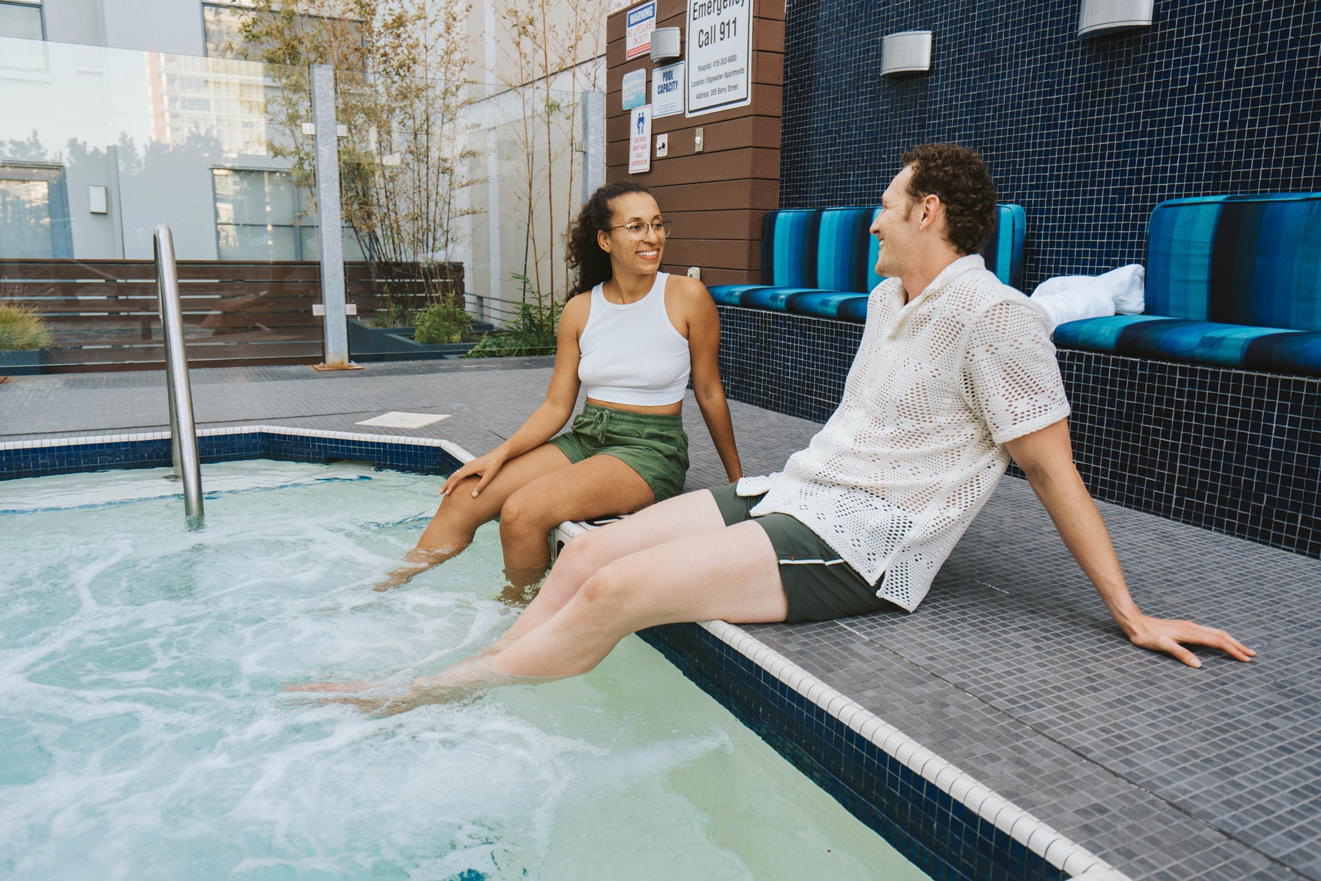 Edgewater couple sits by spa