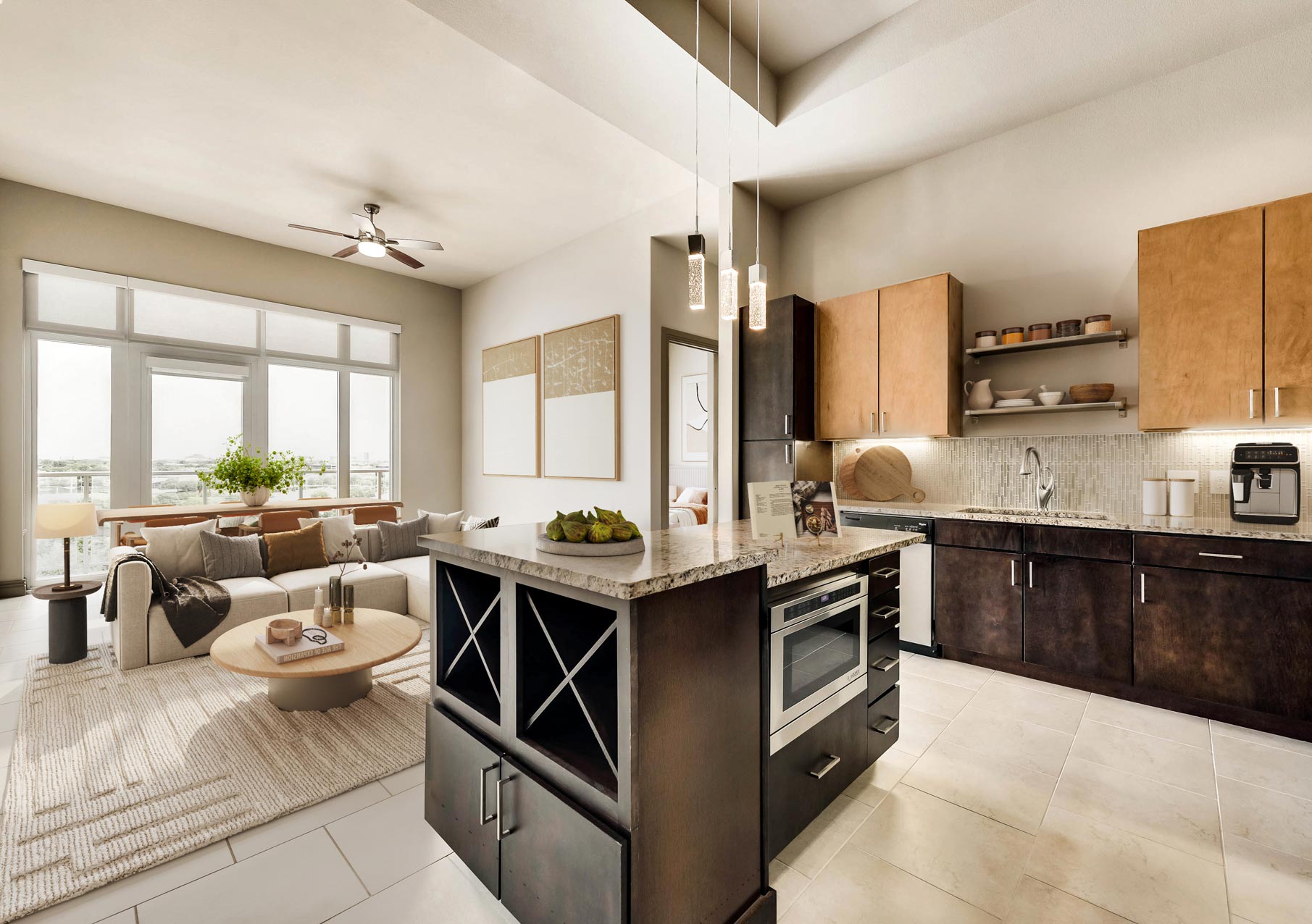 Fiori on Vitruvian Park Staged kitchen and living room