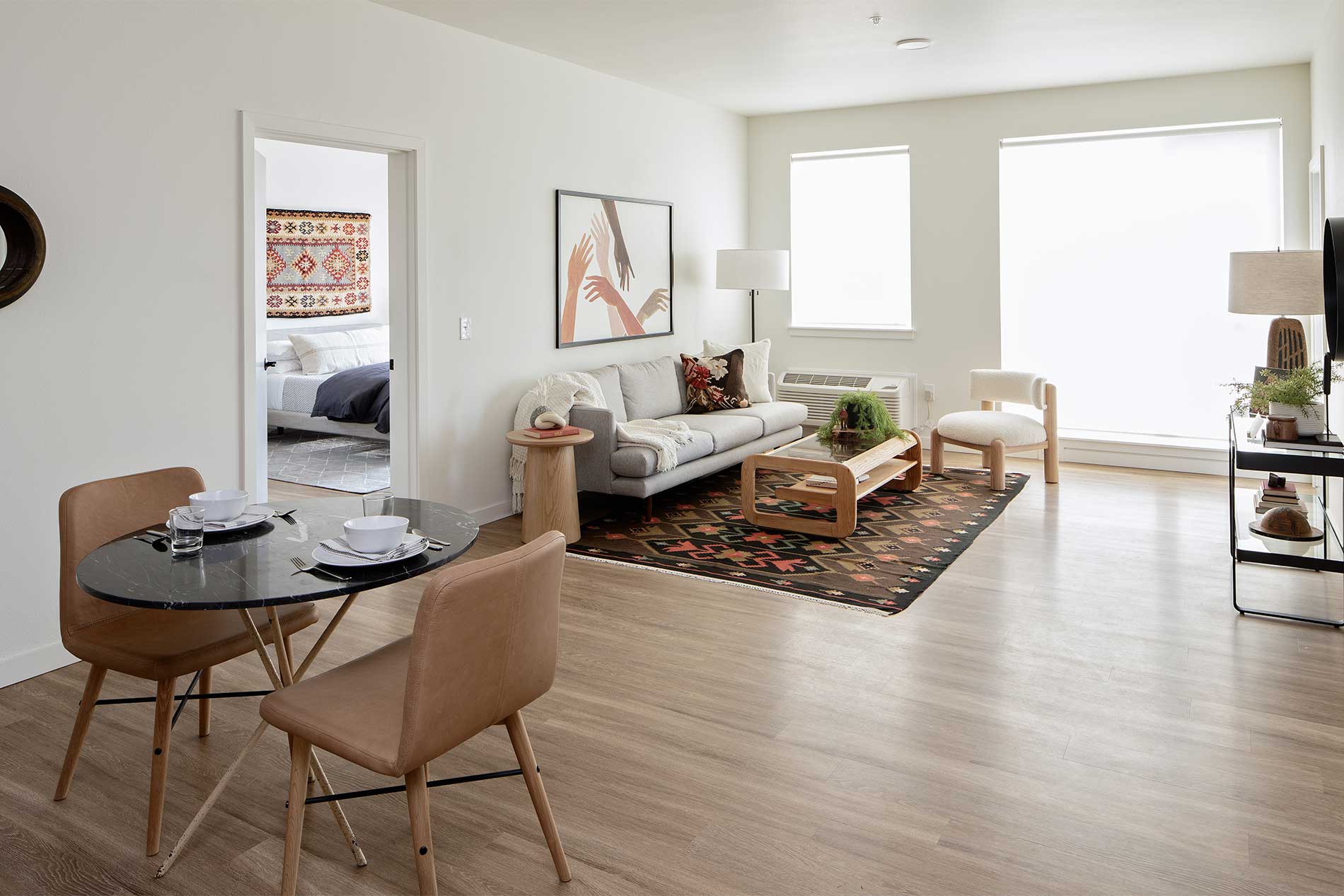 Warm apartment living space at Heirloom in Portland, OR