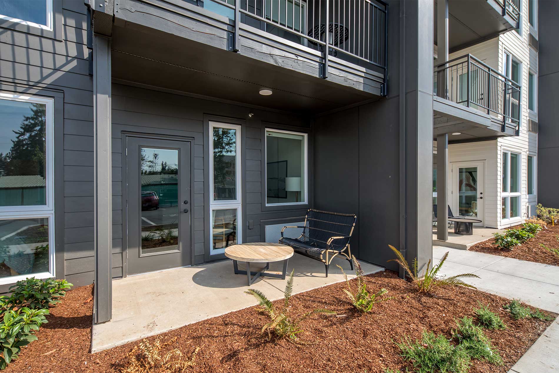 Tranquil patio space at Heirloom apartments in Portland, OR