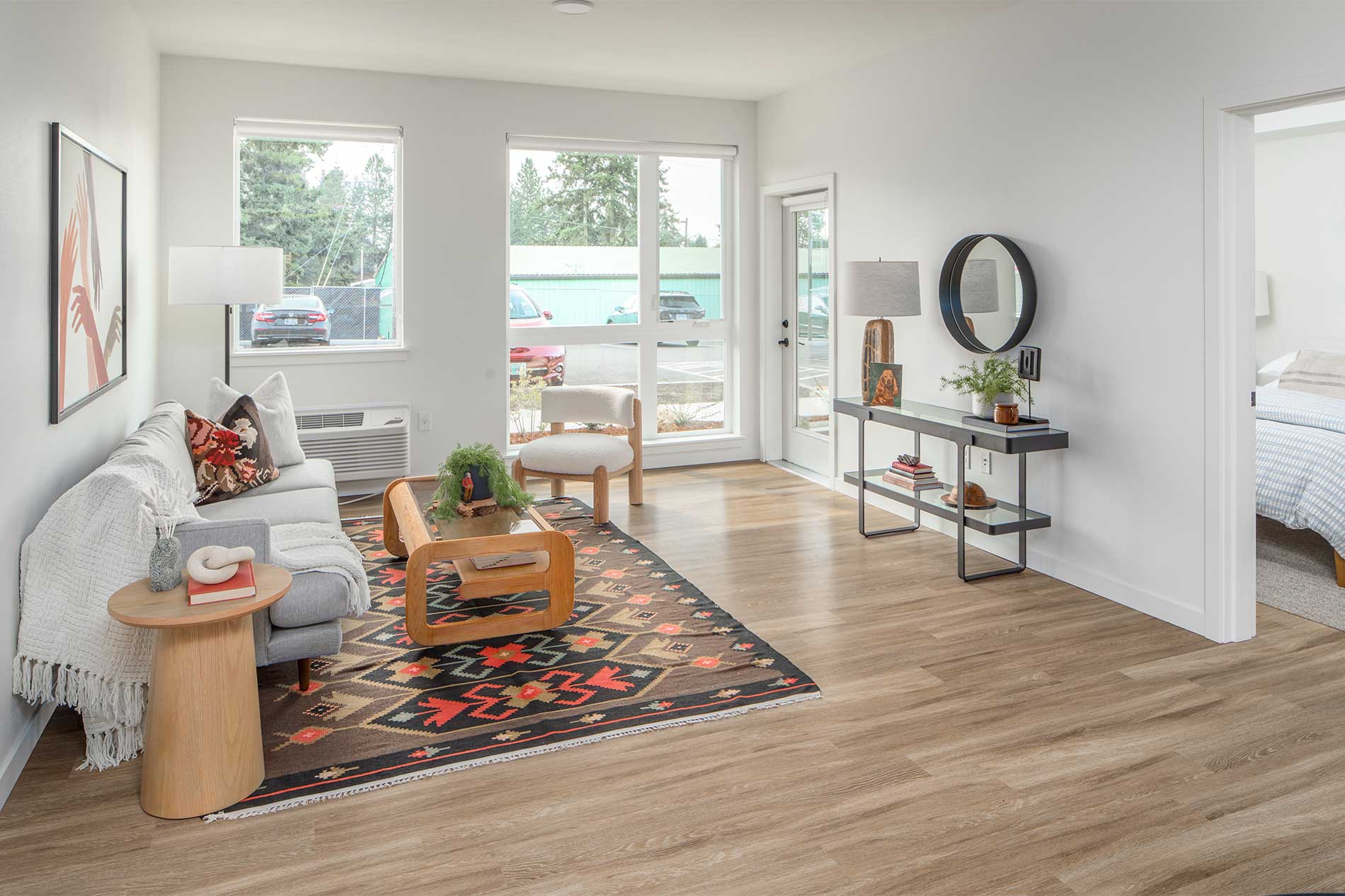 Open living room at Heirloom apartments in Portland, OR