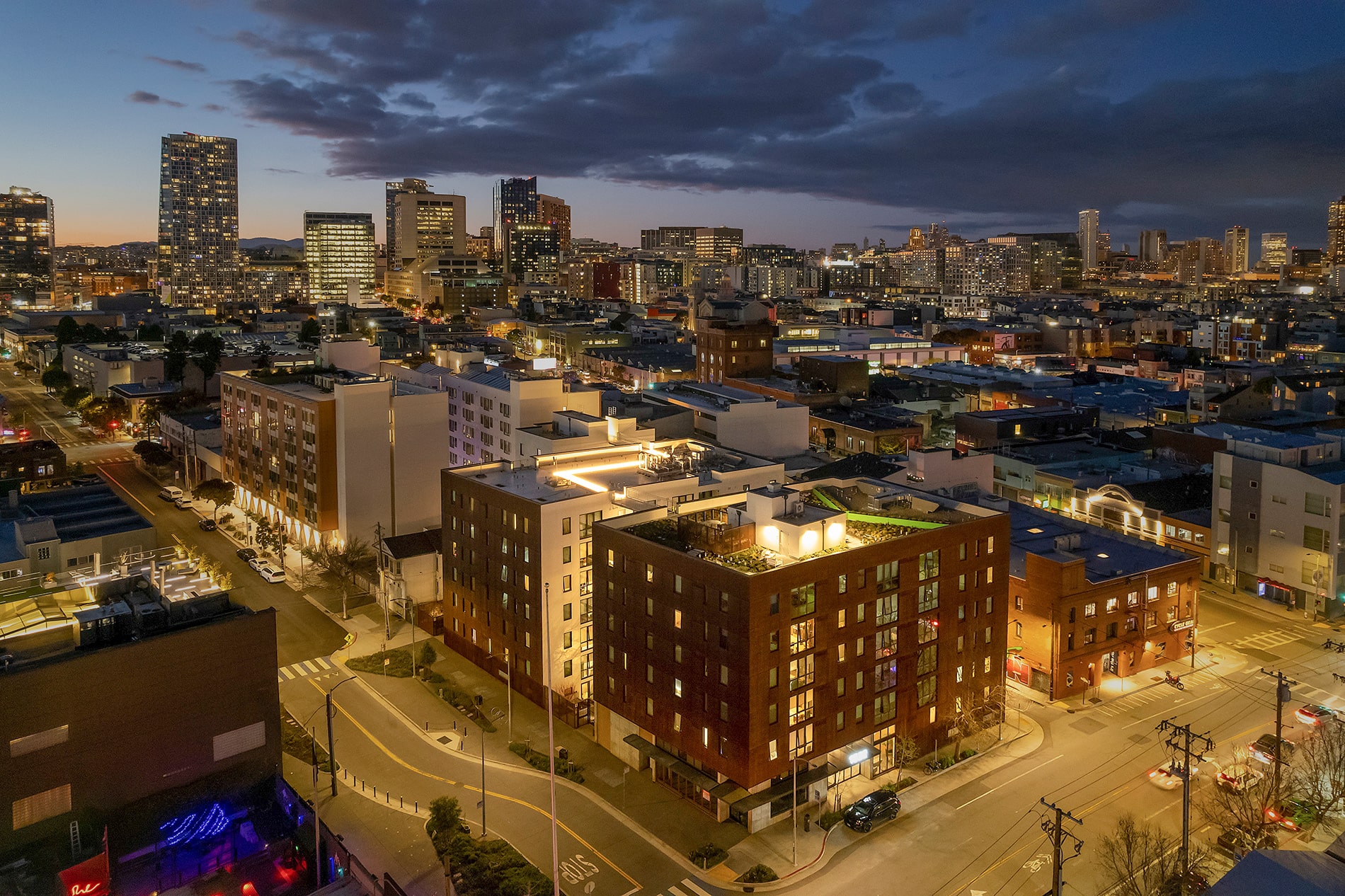 HQ 2023 DRONE Building Exterior at Night