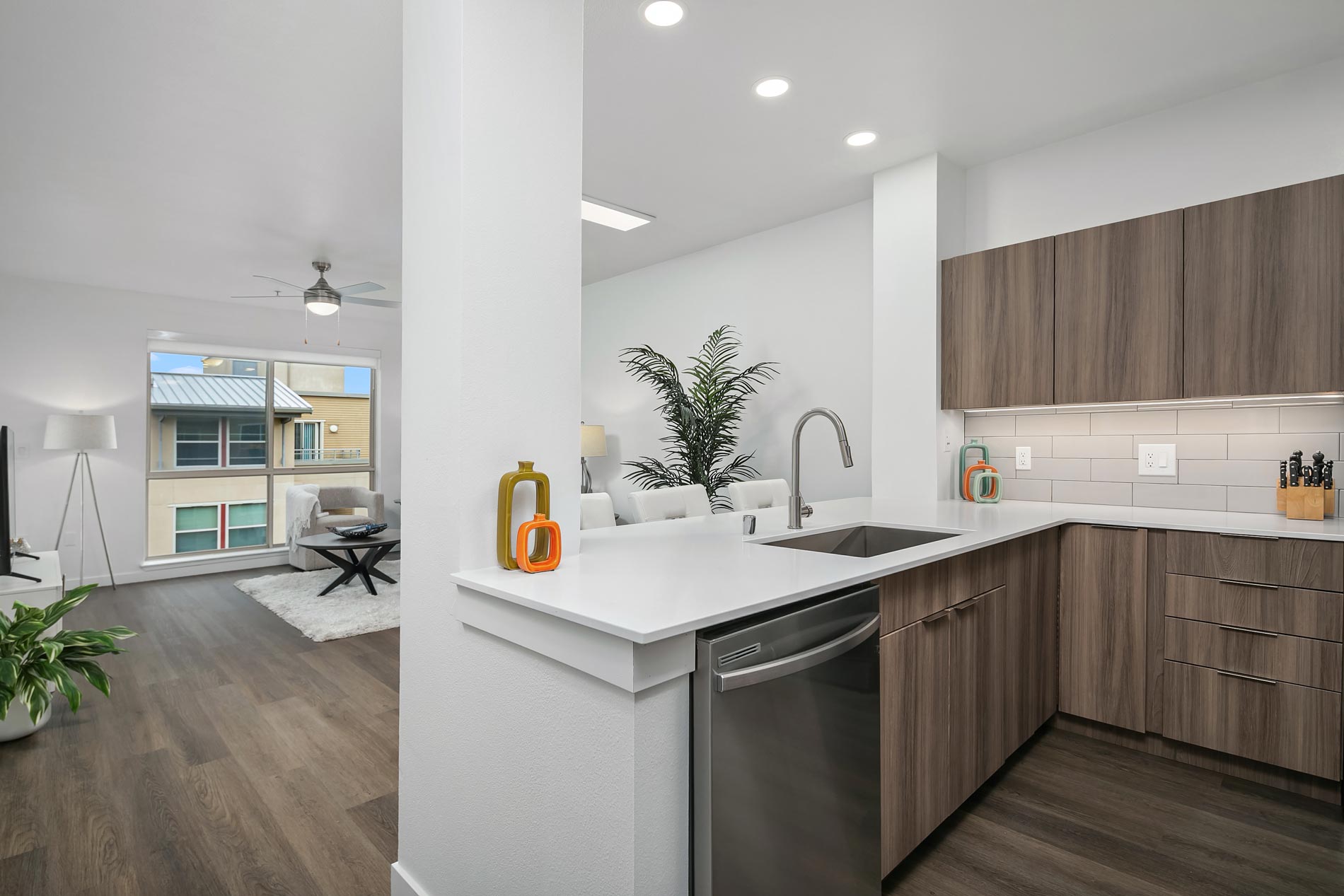 Island Square staged living room and kitchen