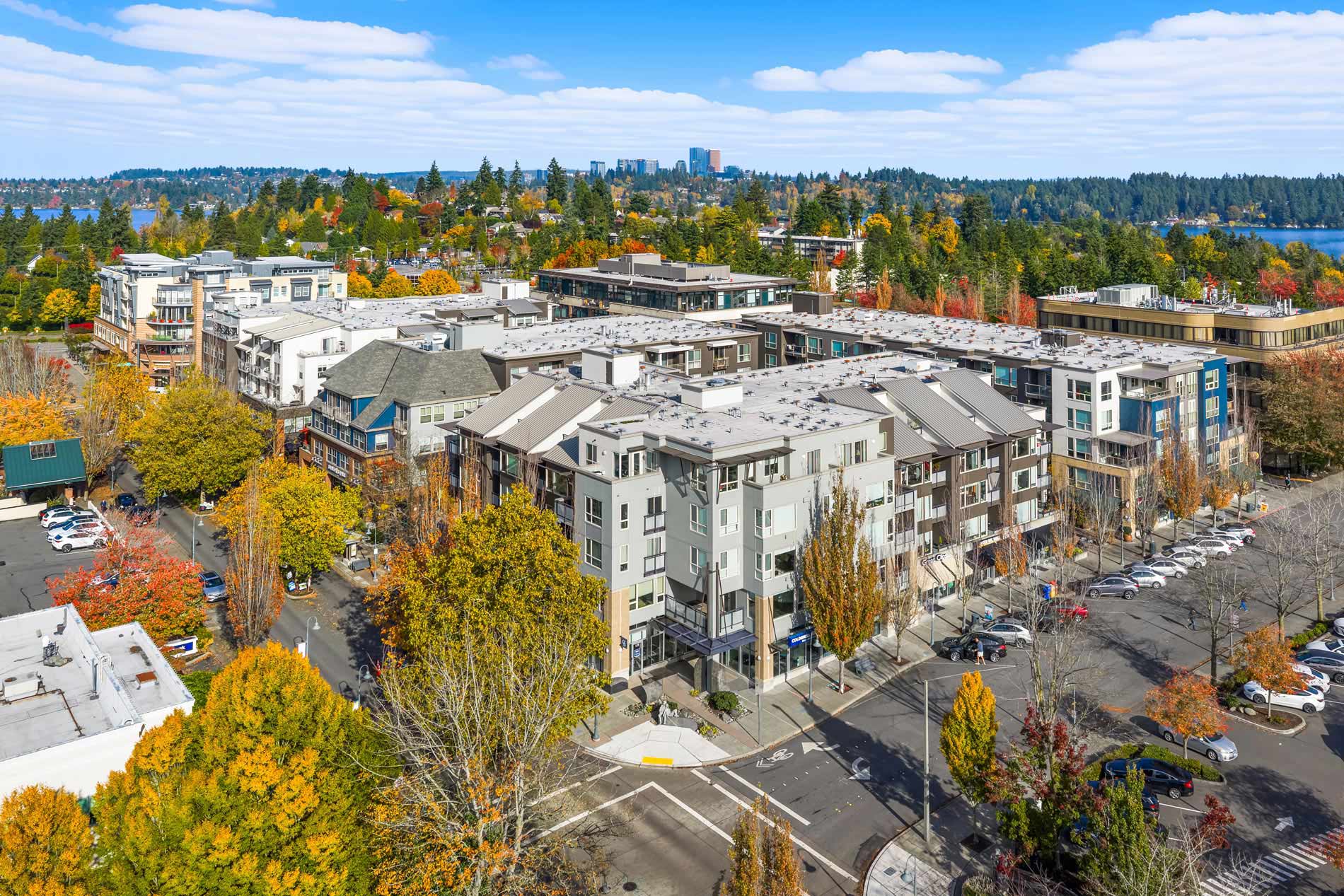 Island Square drone building exterior