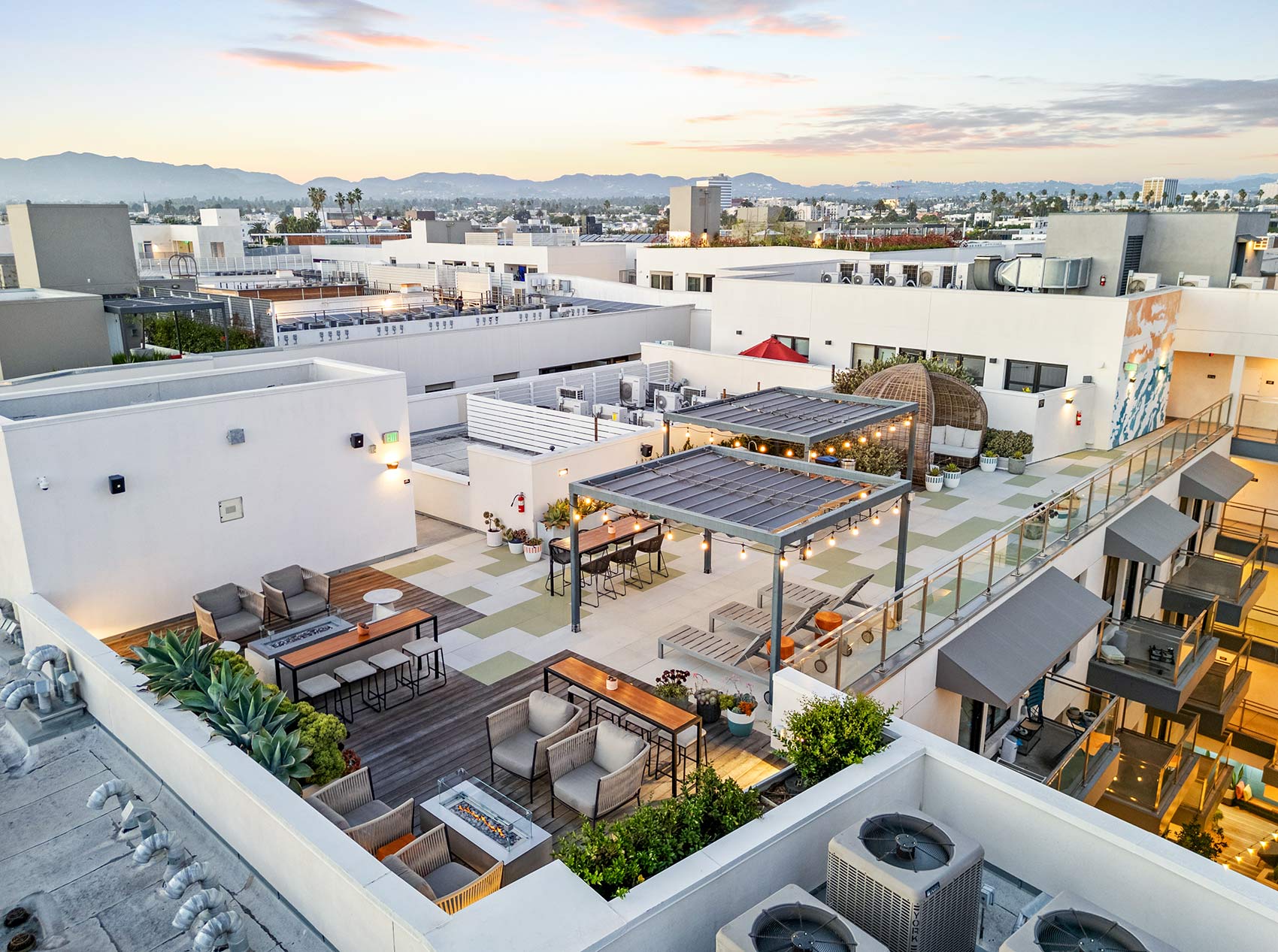 Junction Santa Monica aerial building exterior and rooftop deck at sunset