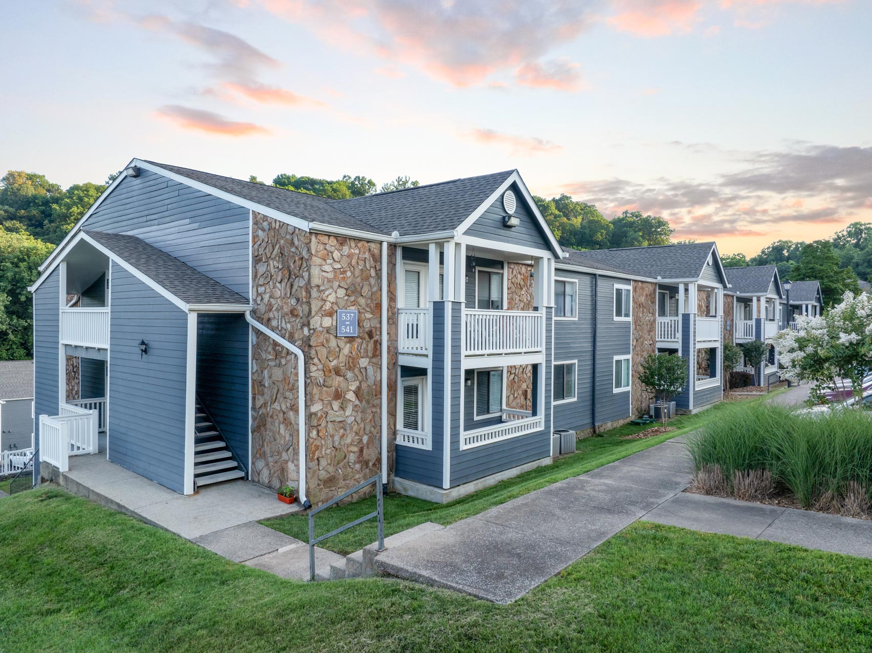 Legacy Hill building exterior at sunset