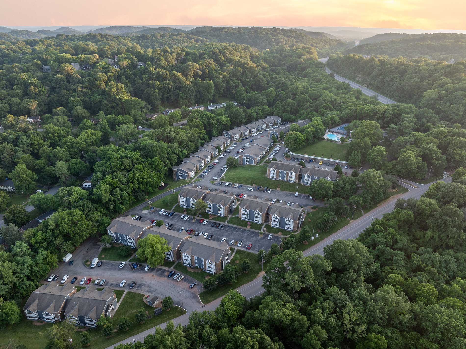 Legacy Hill drone building exterior at sunset