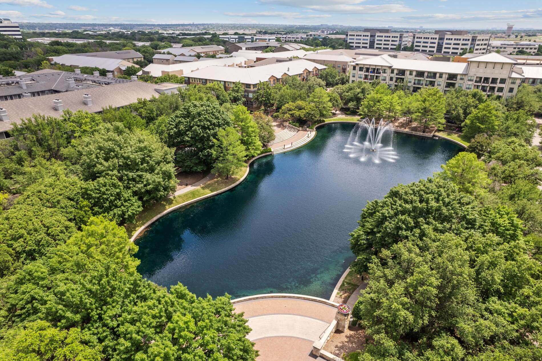 Legacy Village Drone exterior building and Bishop Park