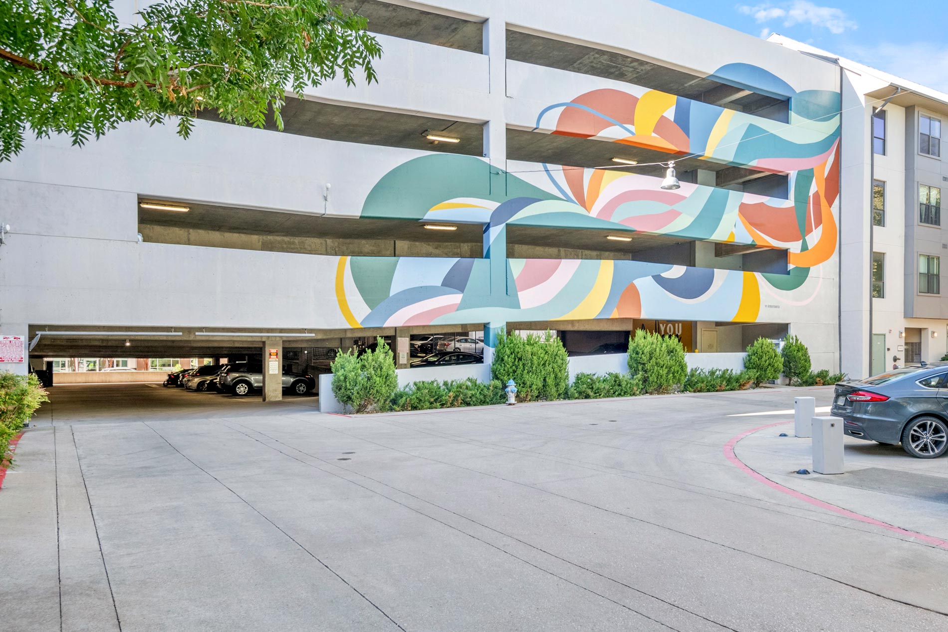 Legacy Village parking garage with mural