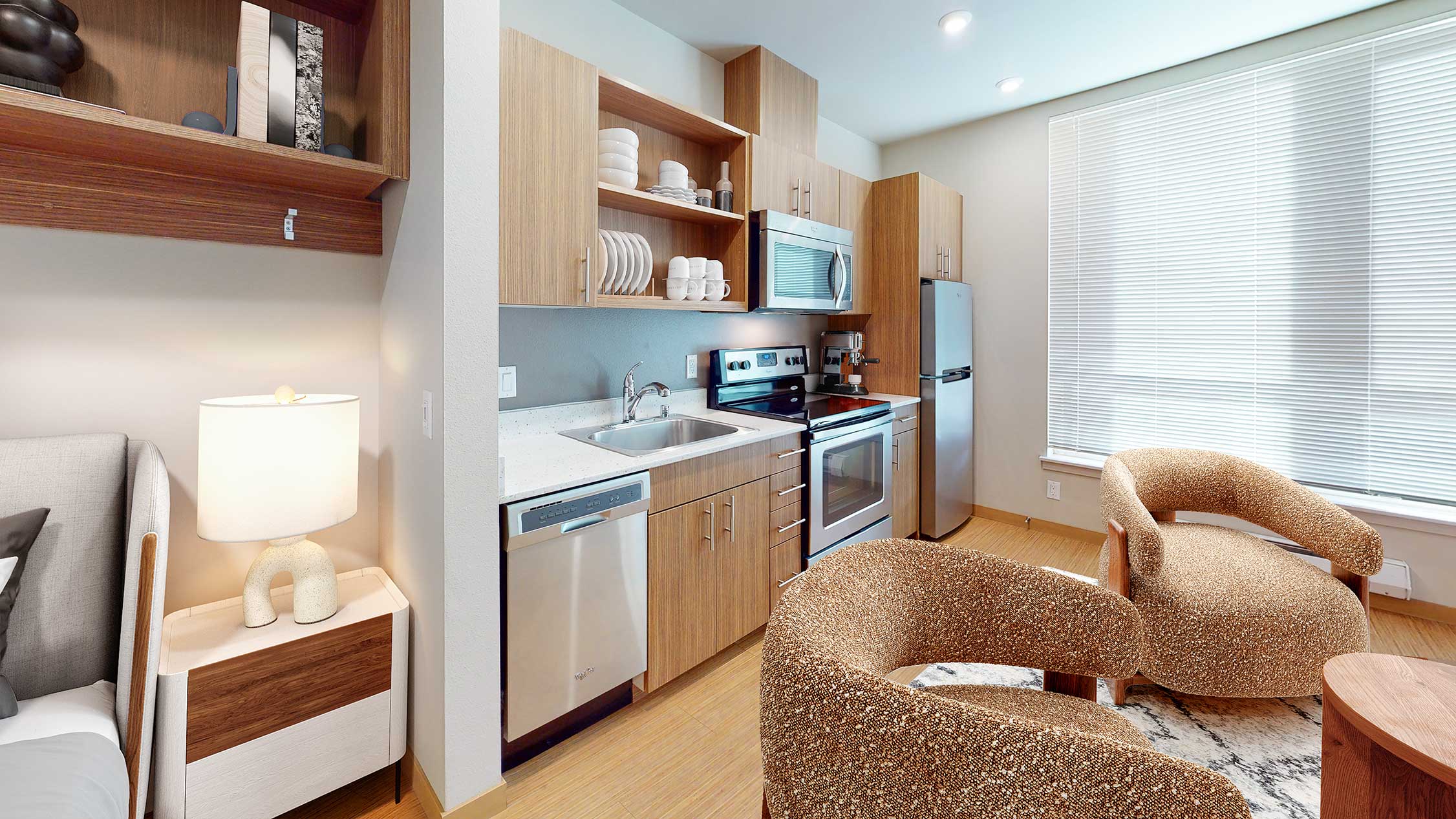 Lightbox apartments staged kitchen and living room