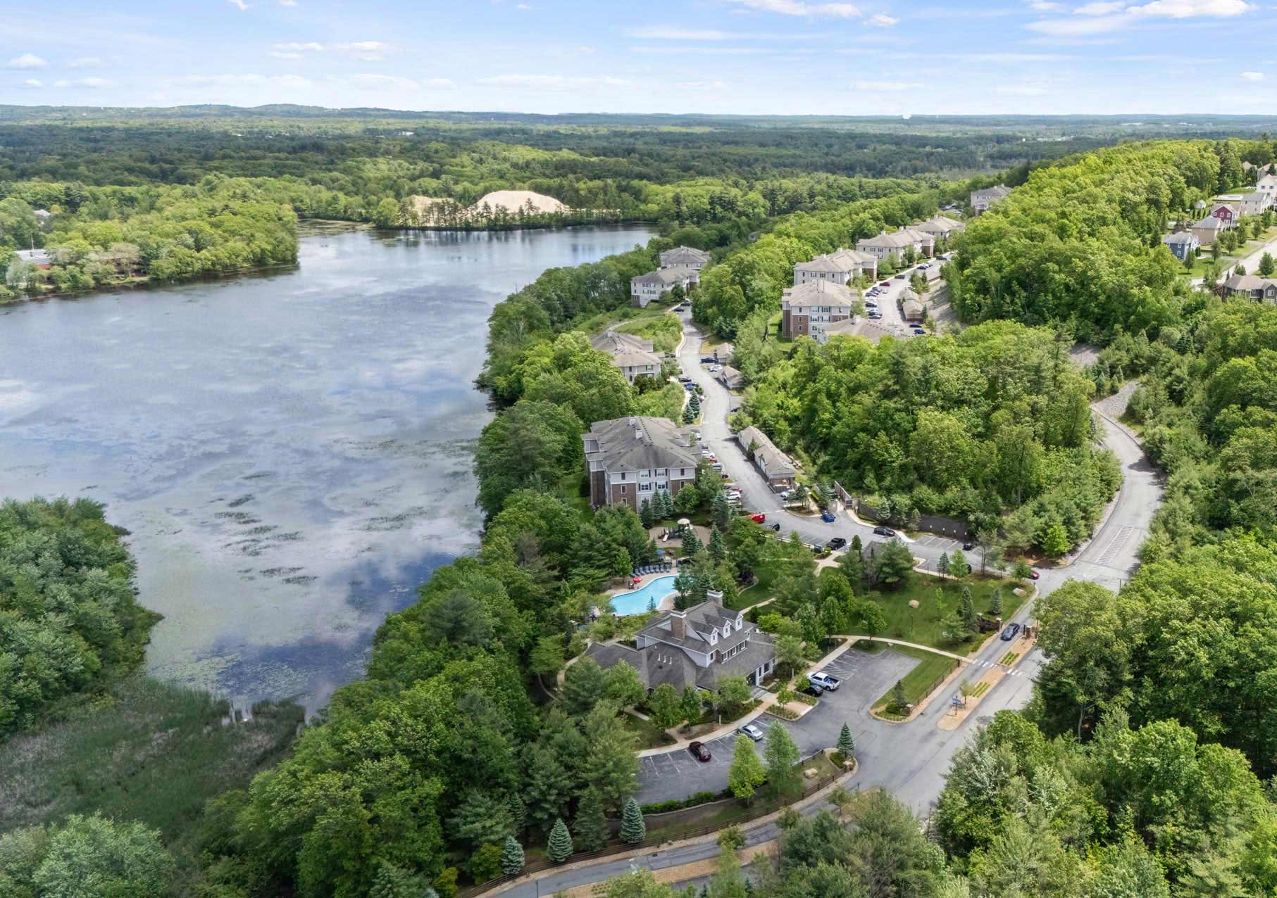 Lodge at Ames Pond drone building exterior