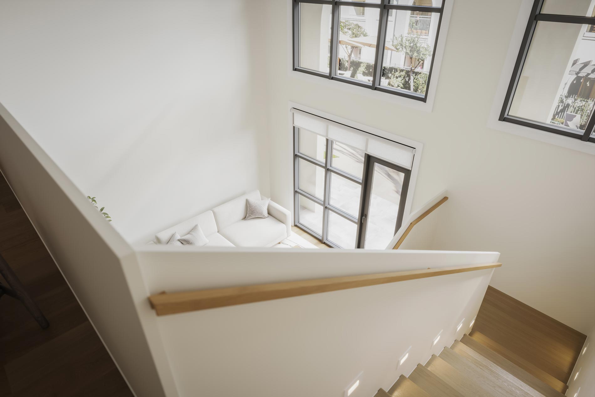 Los Alisos at Mission Viejo Staged living room and stairs