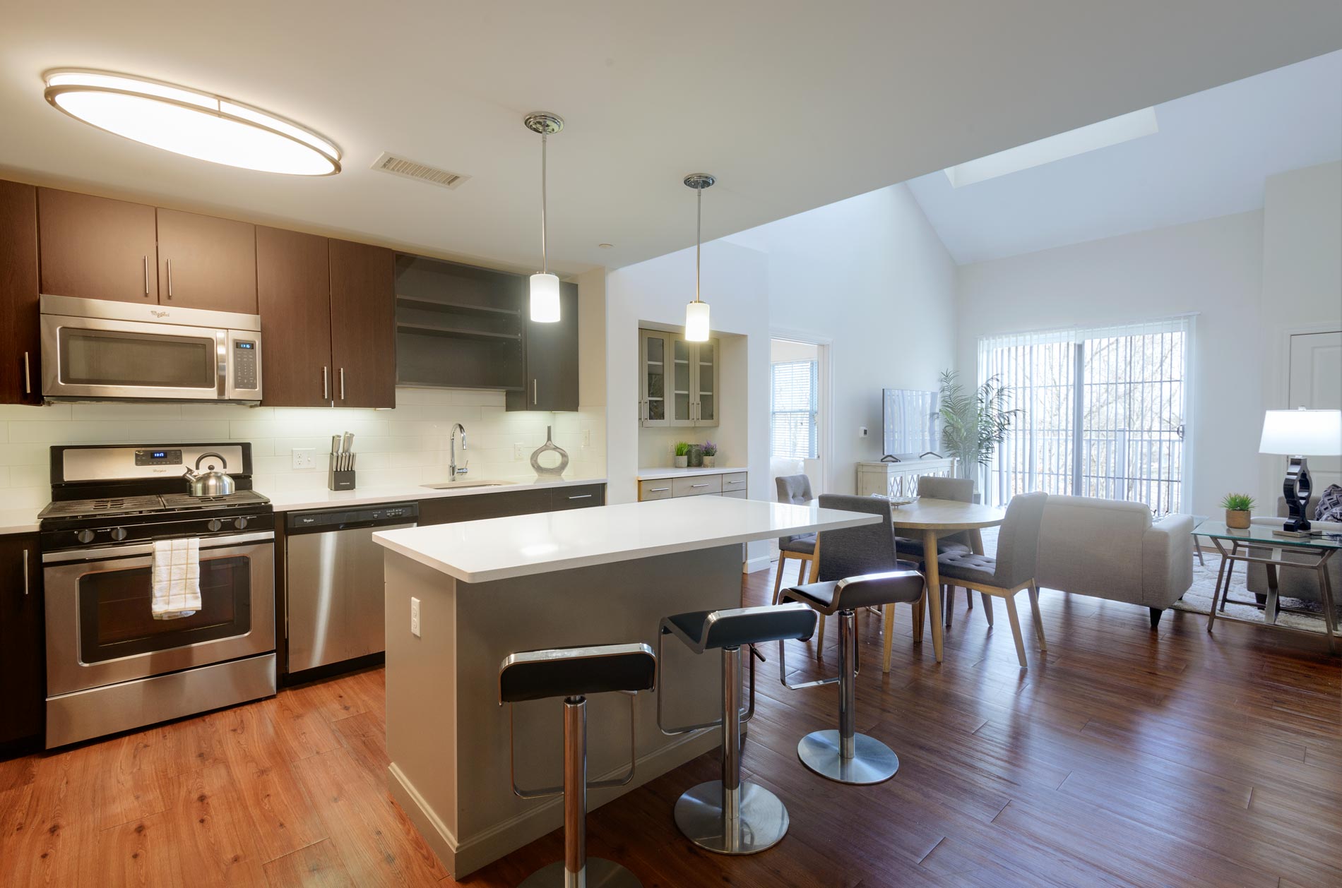 One Upland staged kitchen and living room