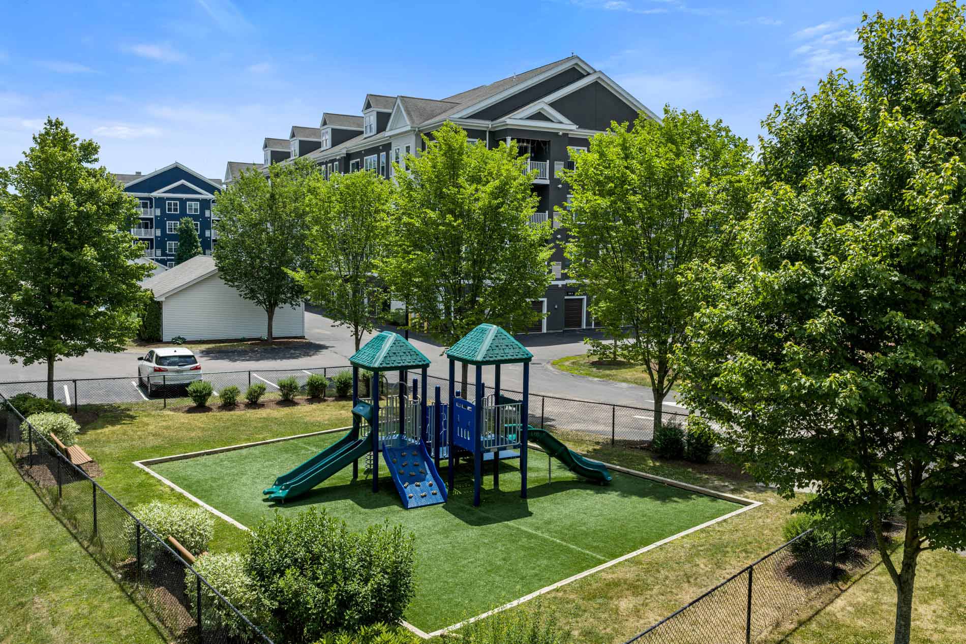 One Upland aerial building exterior and playground