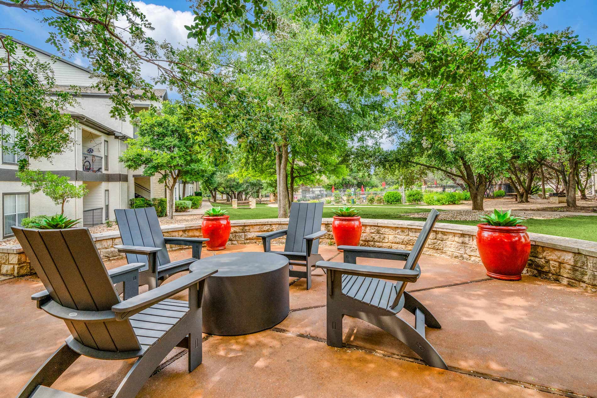 Red Stone building exterior patio area