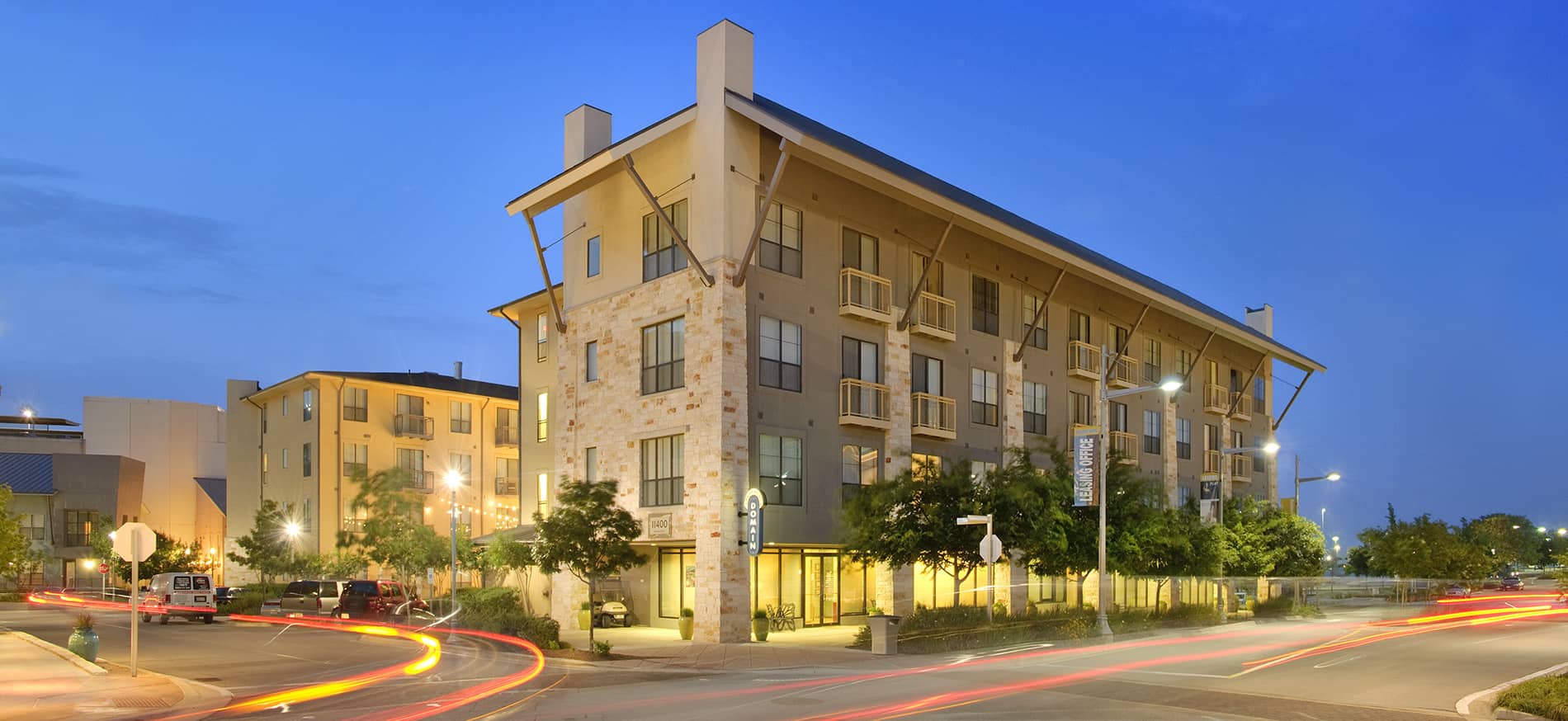 Residences at the Domain Building Exterior Evening