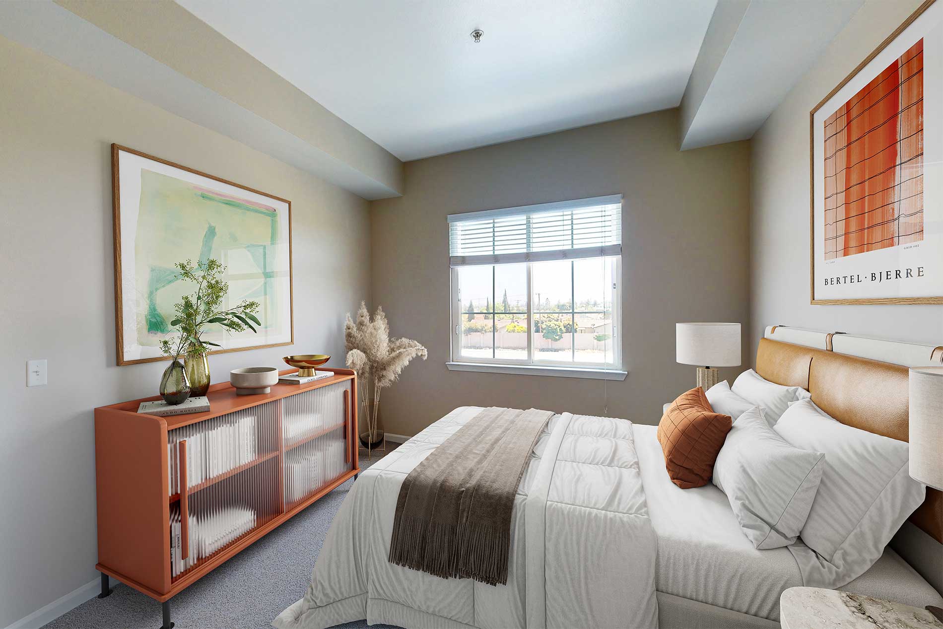 Bright bedroom inside a renovated apartment home at River Terrace in Santa Clara, CA.