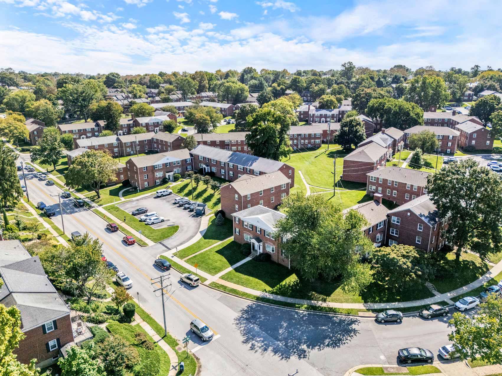 Rogers Forge drone building exterior
