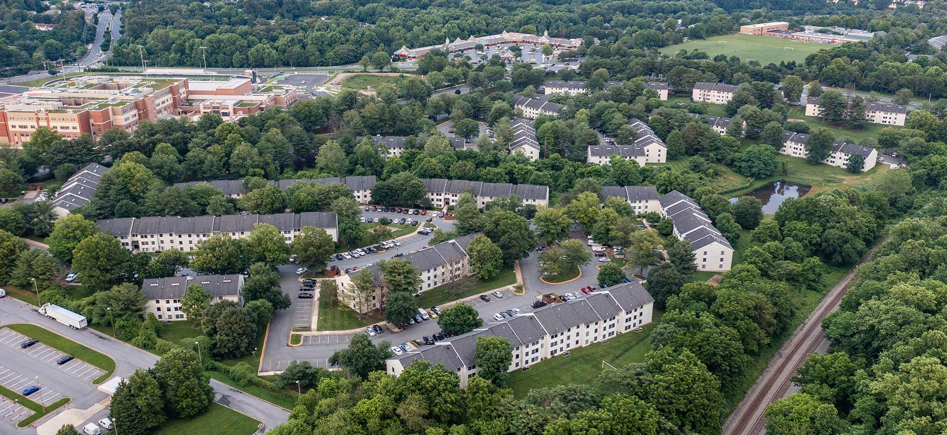 Seneca Place drone building exterior