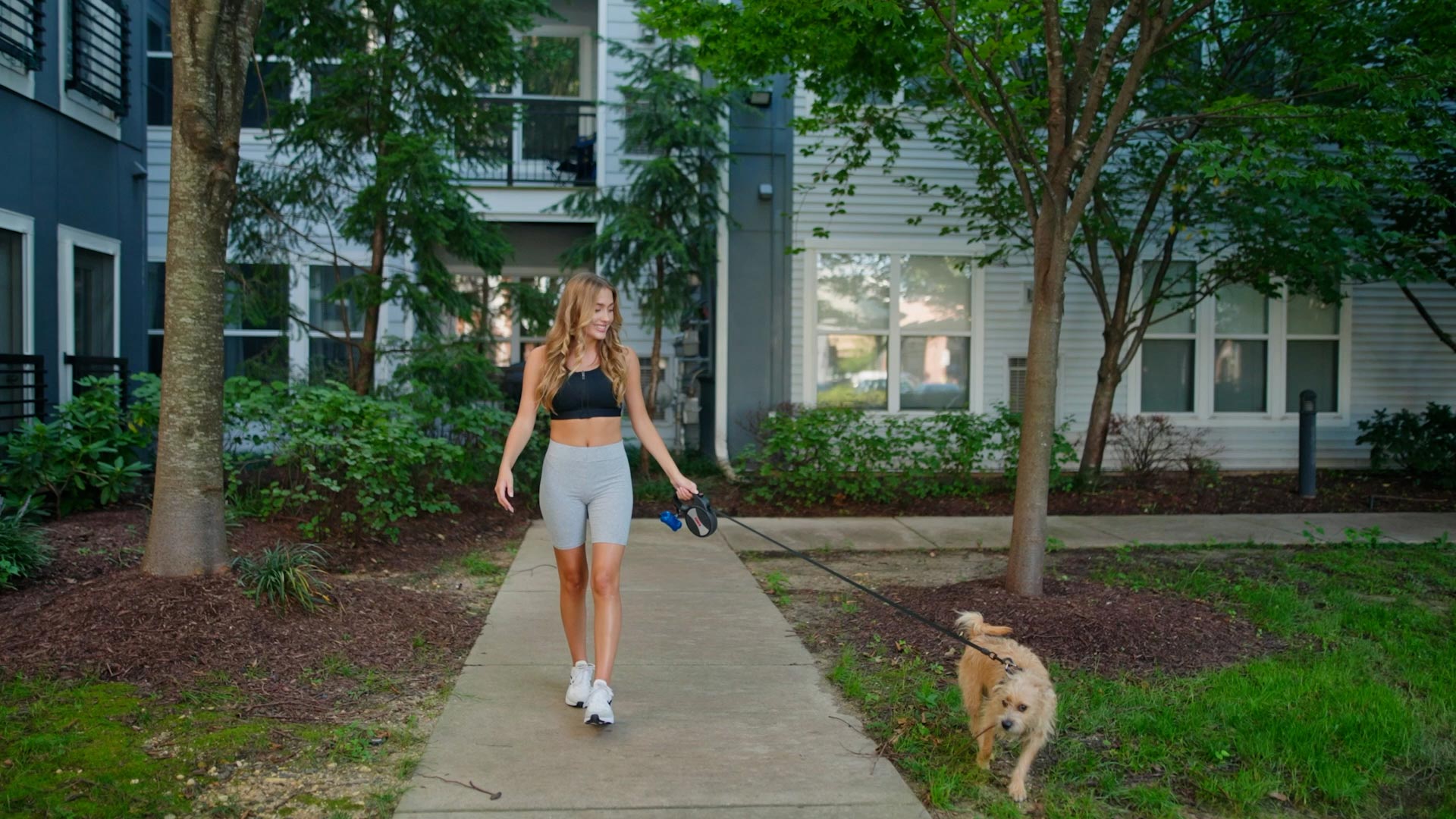 Sullivan Place woman walks dog outside property