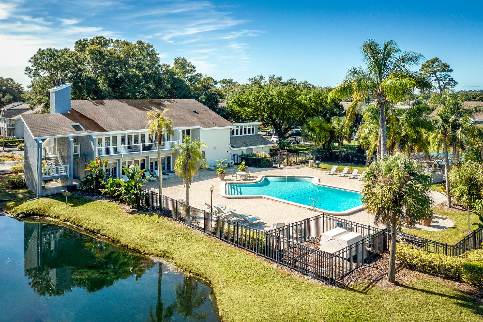 The Breyley exterior building and swimming pool drone image