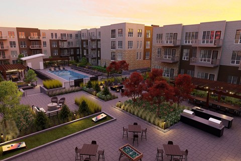The George aerial courtyard view in the evening sunset