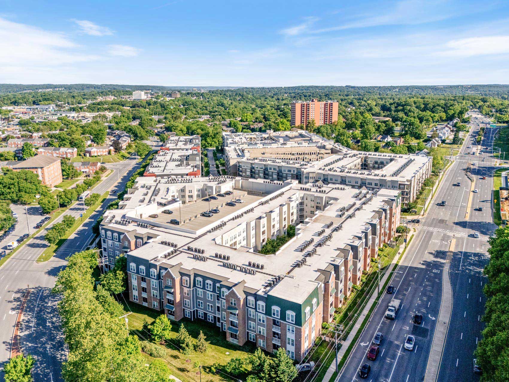 The Quarters at Towson drone building exterior