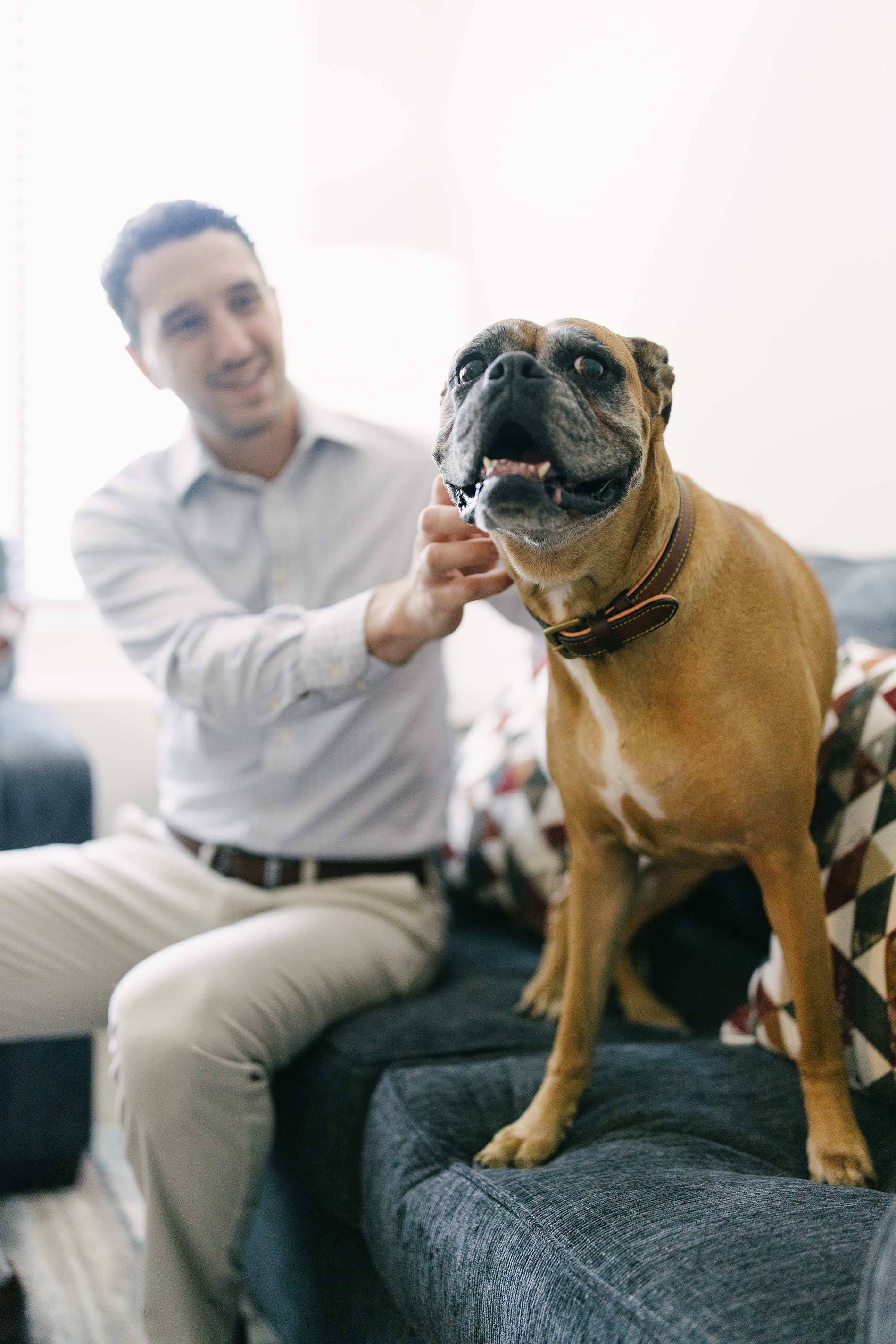 Whitmore apartments man pets dog on couch