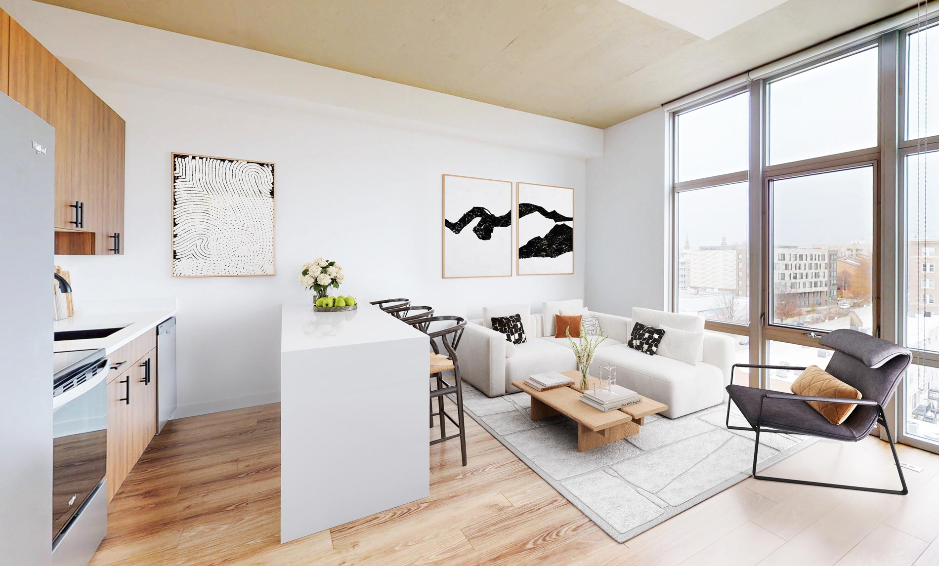 View 14 staged kitchen and living room