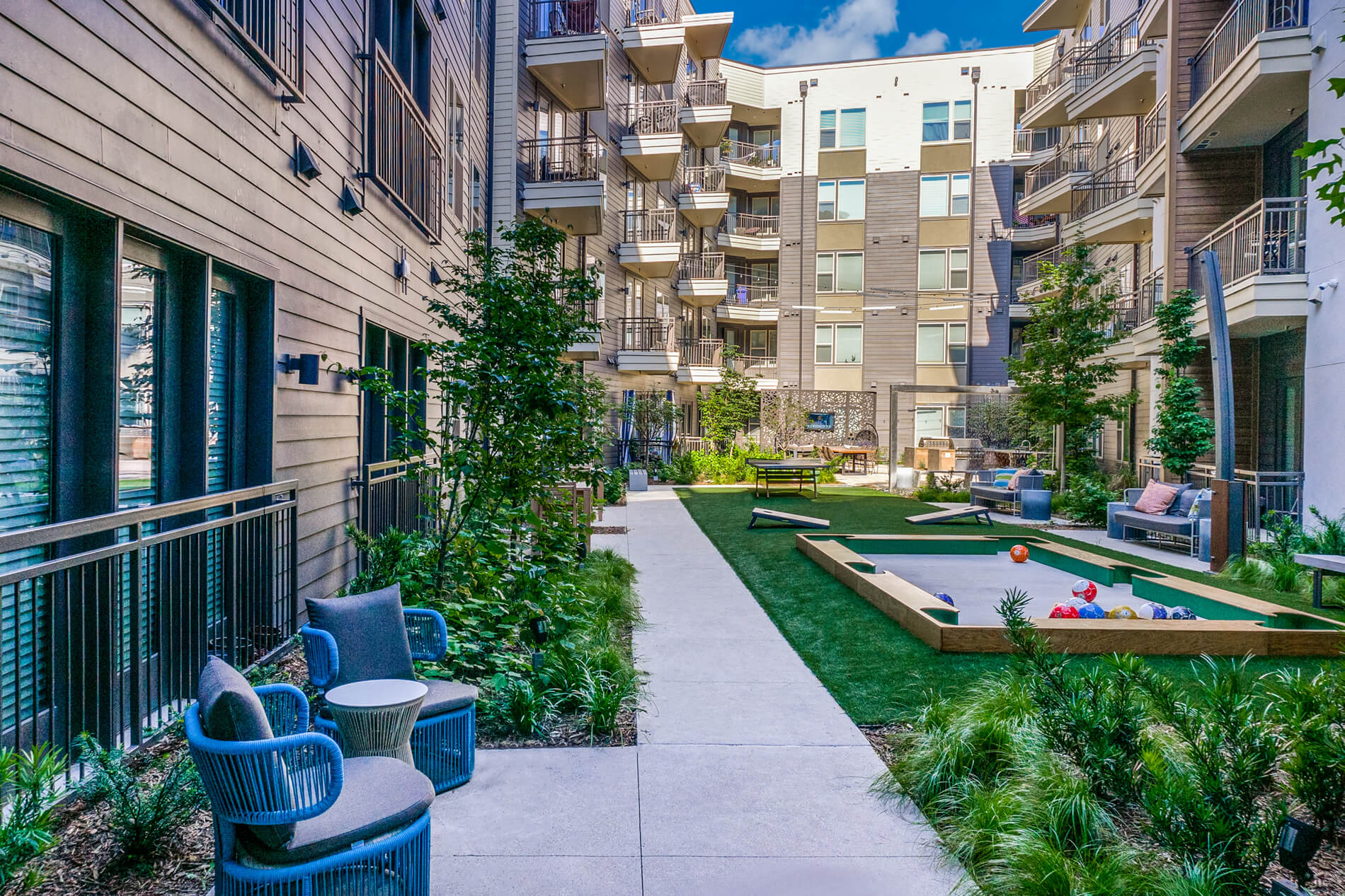 Vitruvian West courtyard with yard games