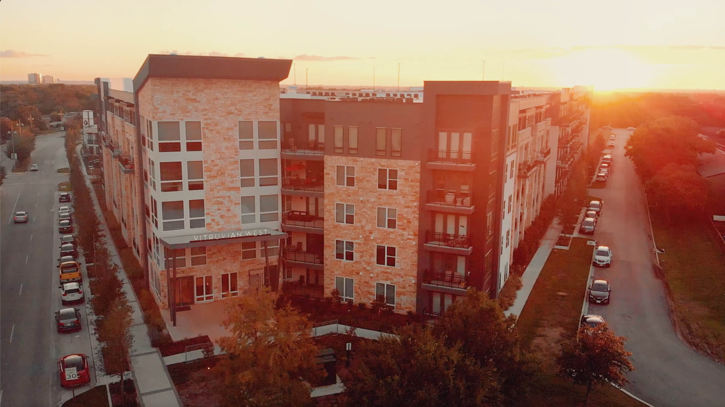 Vitruvian West Aerial Exterior at Sunset